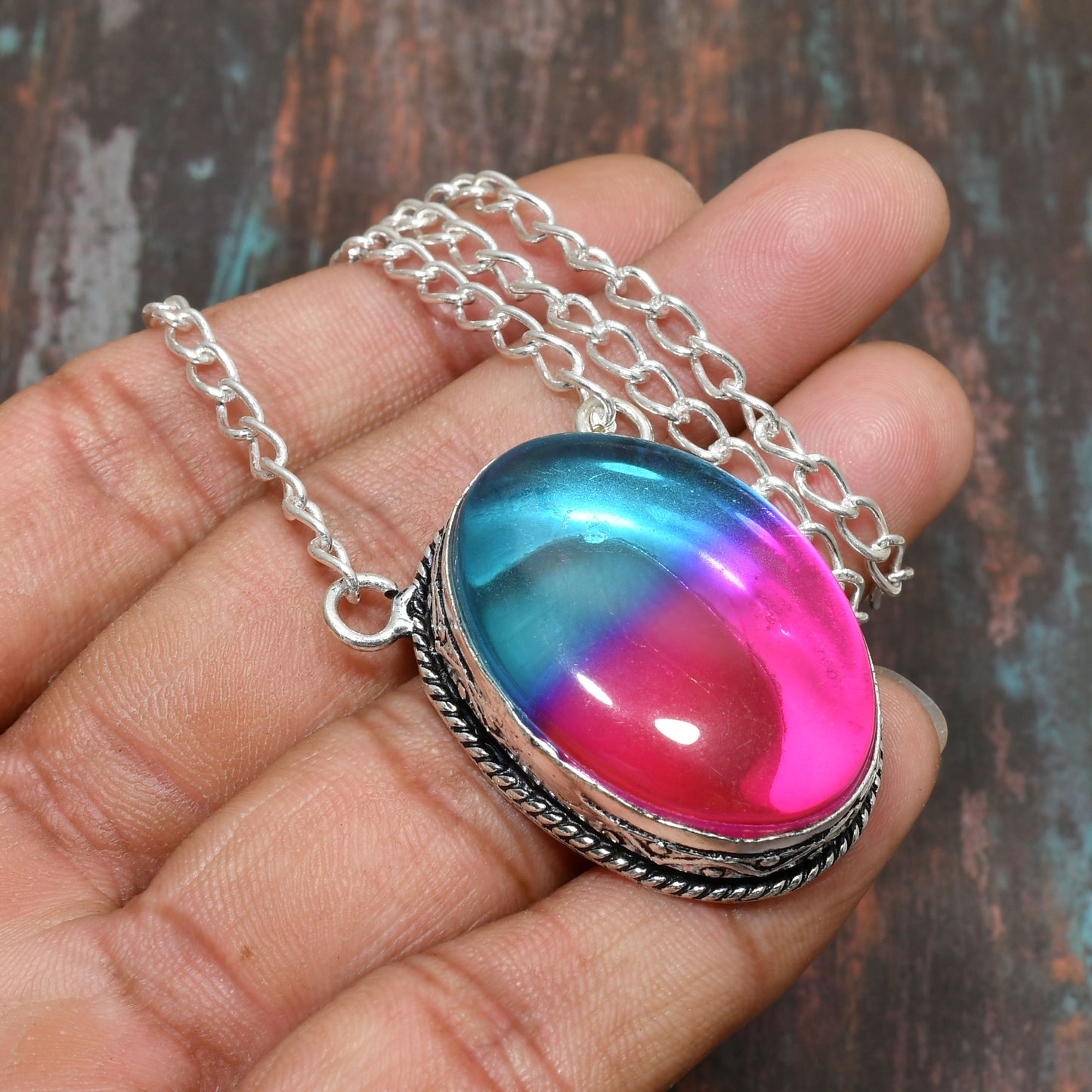 Aurora’s Dream – Pink & Blue Gemstone Silver Pendant