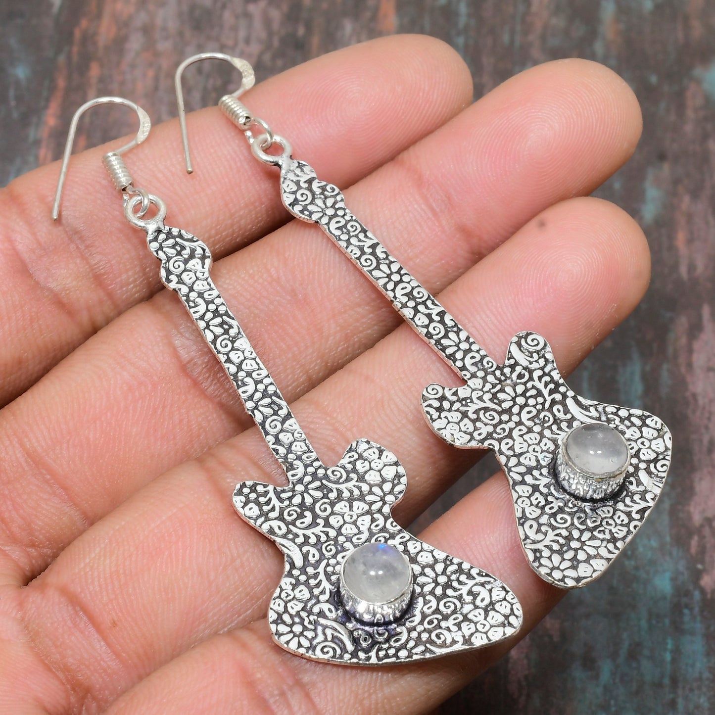 Melody’s Muse – Silver Moonstone Guitar Earrings