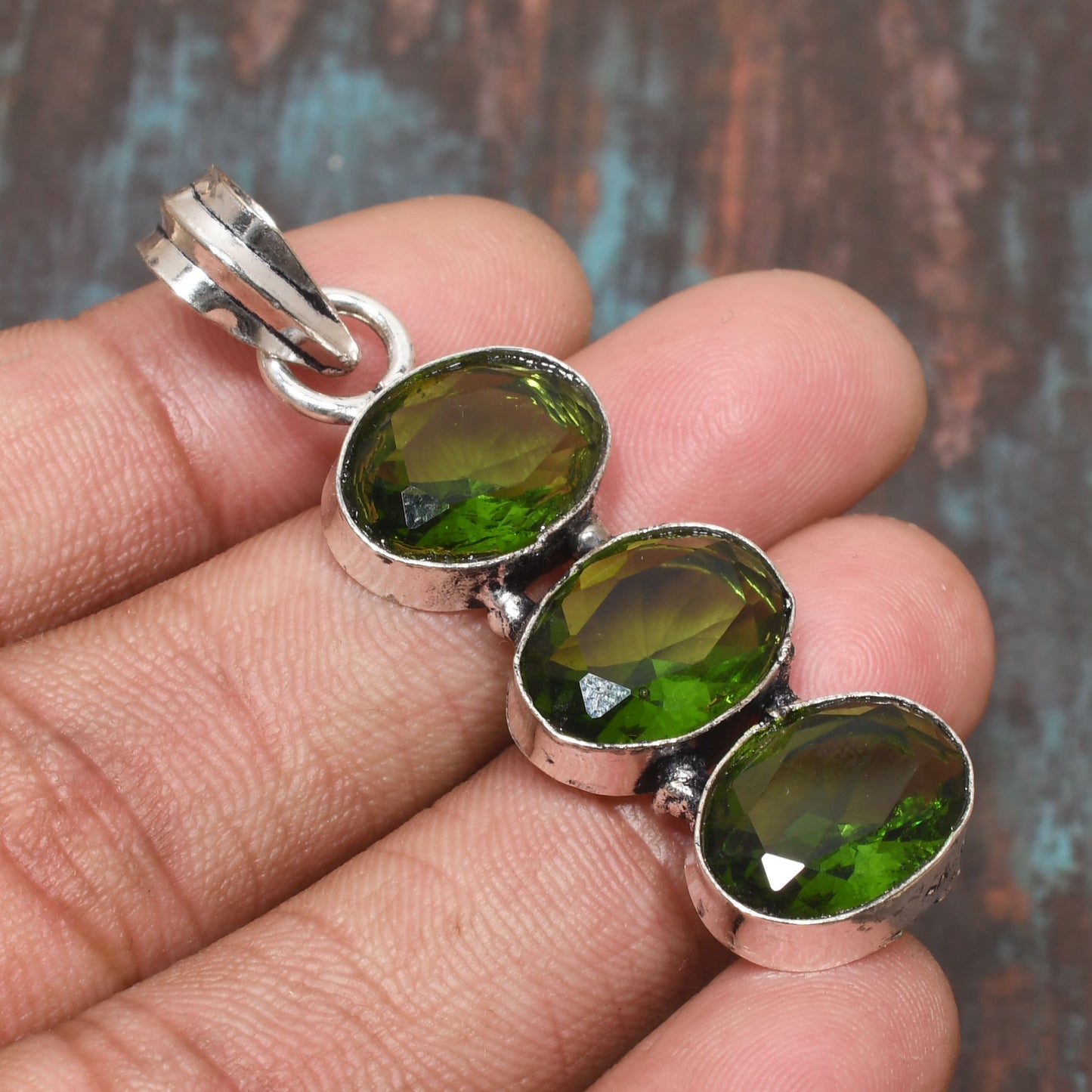 Verdant Trio – Green Gemstone & Sterling Silver Pendant