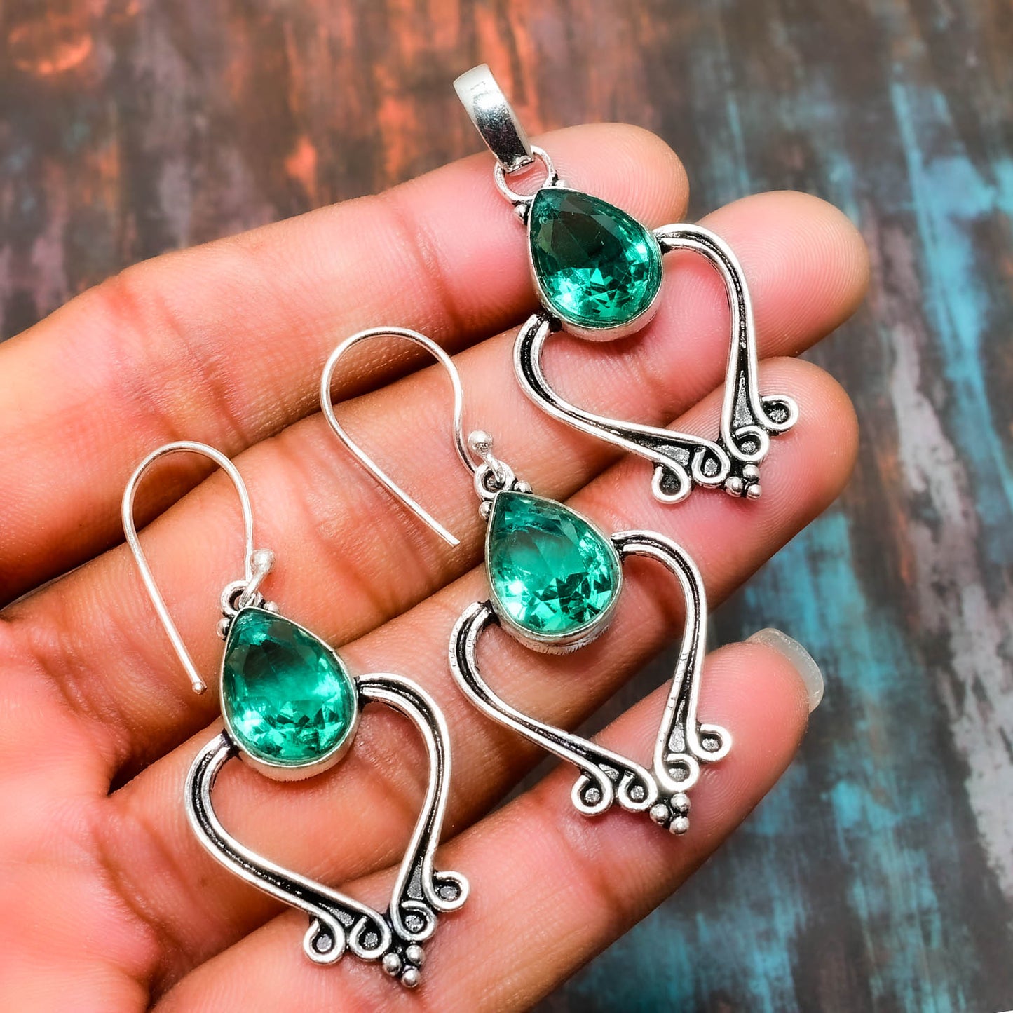 Celestial Hearts Trio – Emerald & Sterling Silver