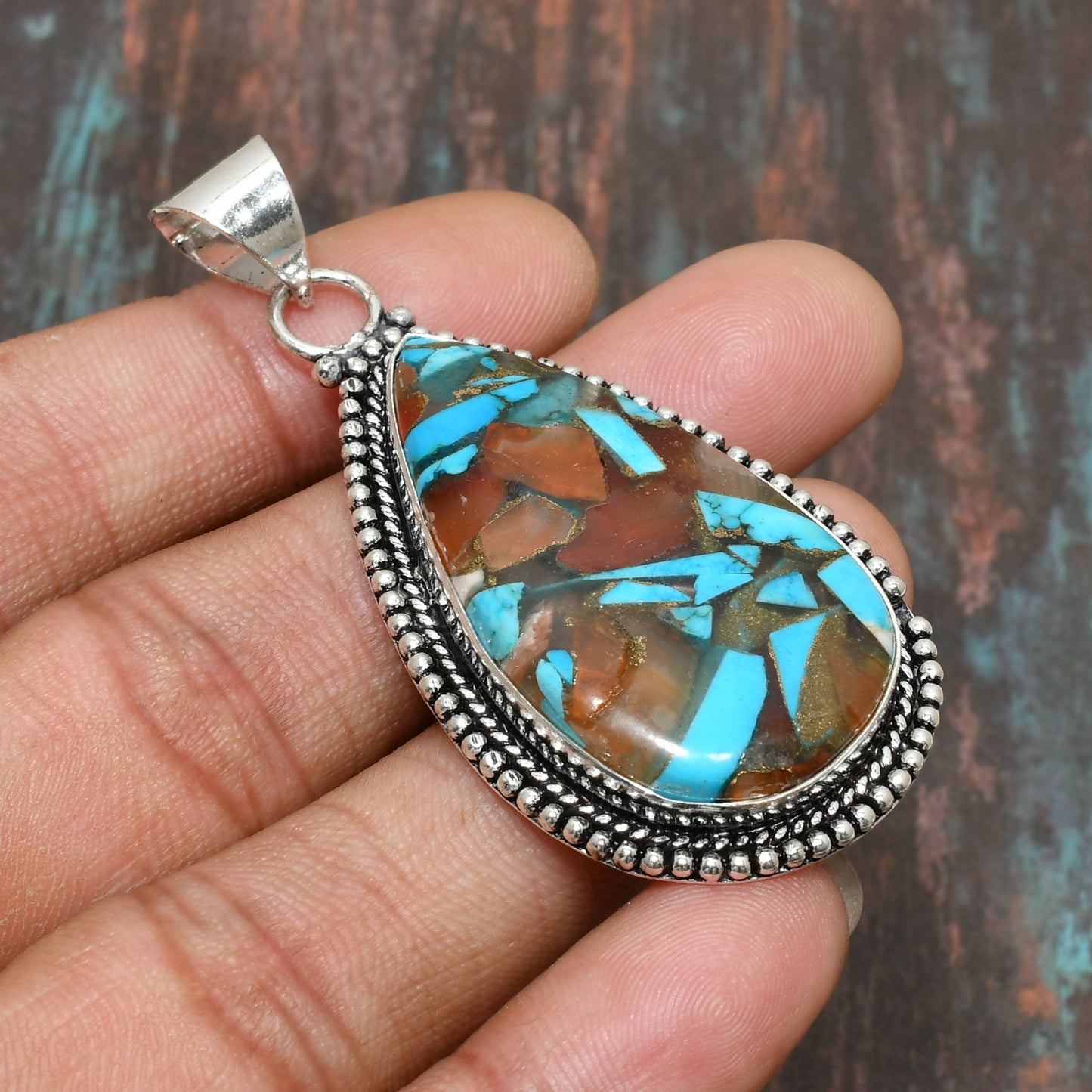 Earth & Sky – Turquoise & Coral Silver Pendant