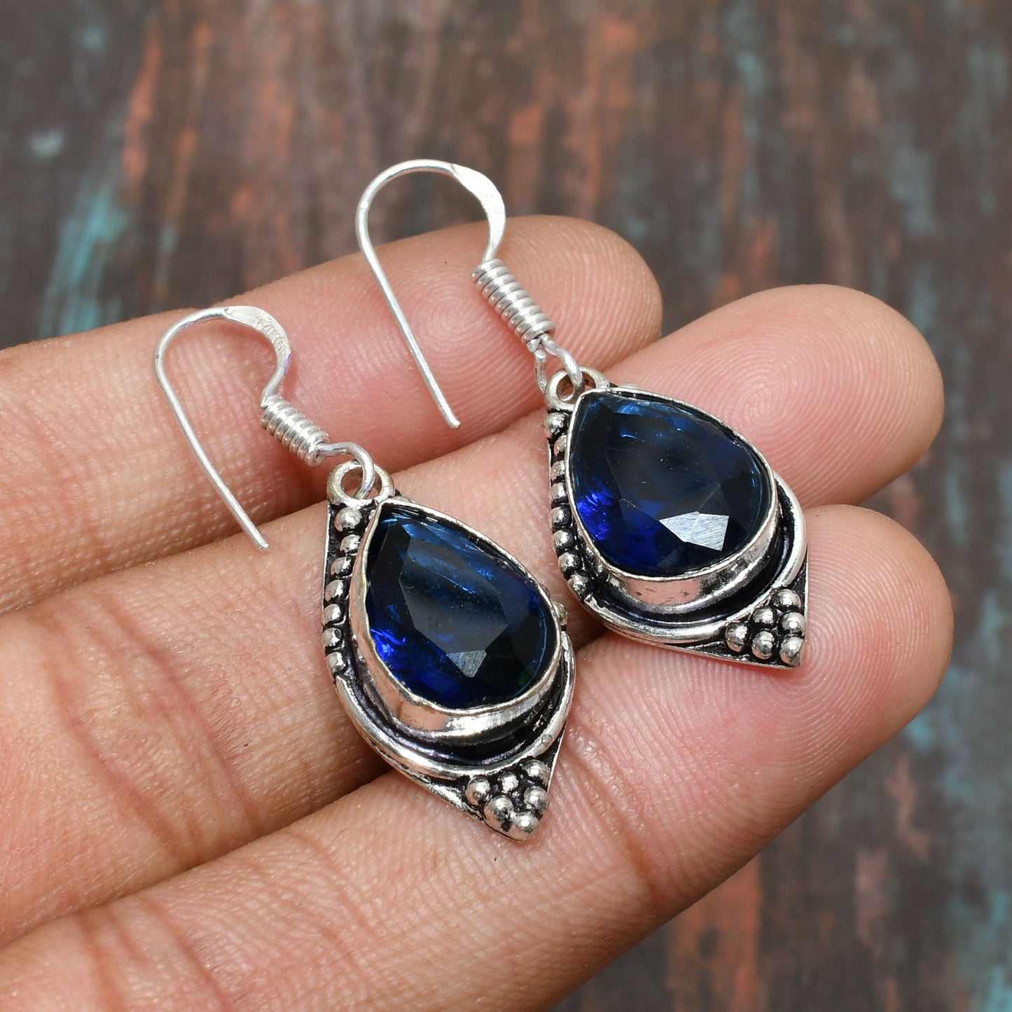 Azure Gleam – Deep Blue Synthetic Sapphire Silver Earrings
