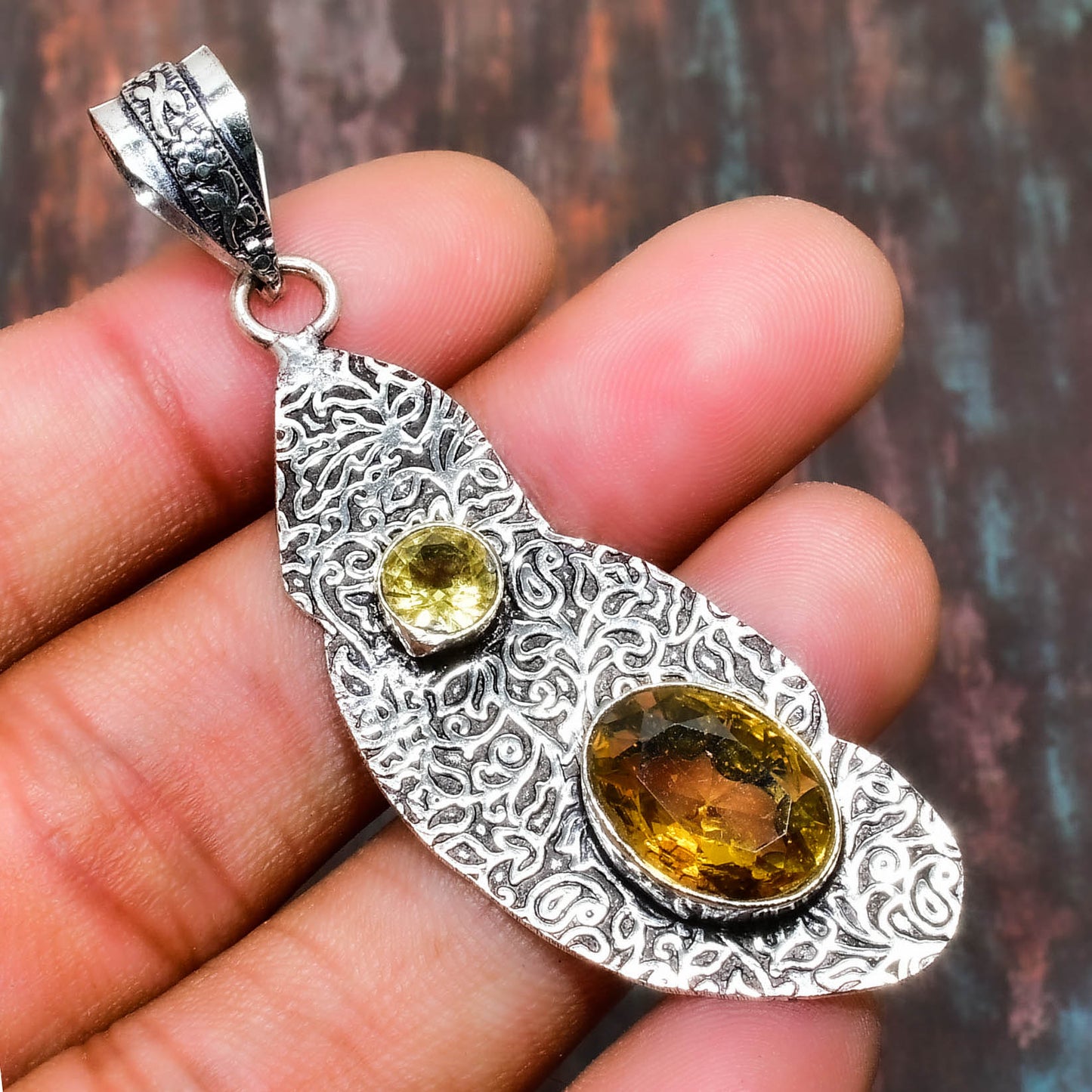 Celestial Harmony – Citrine & Lemon Quartz Silver Pendant