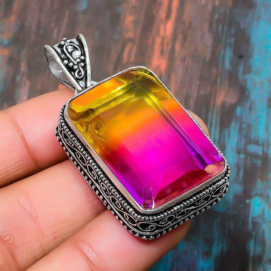 Aurora’s Radiance – Rainbow Aura Quartz Silver Pendant
