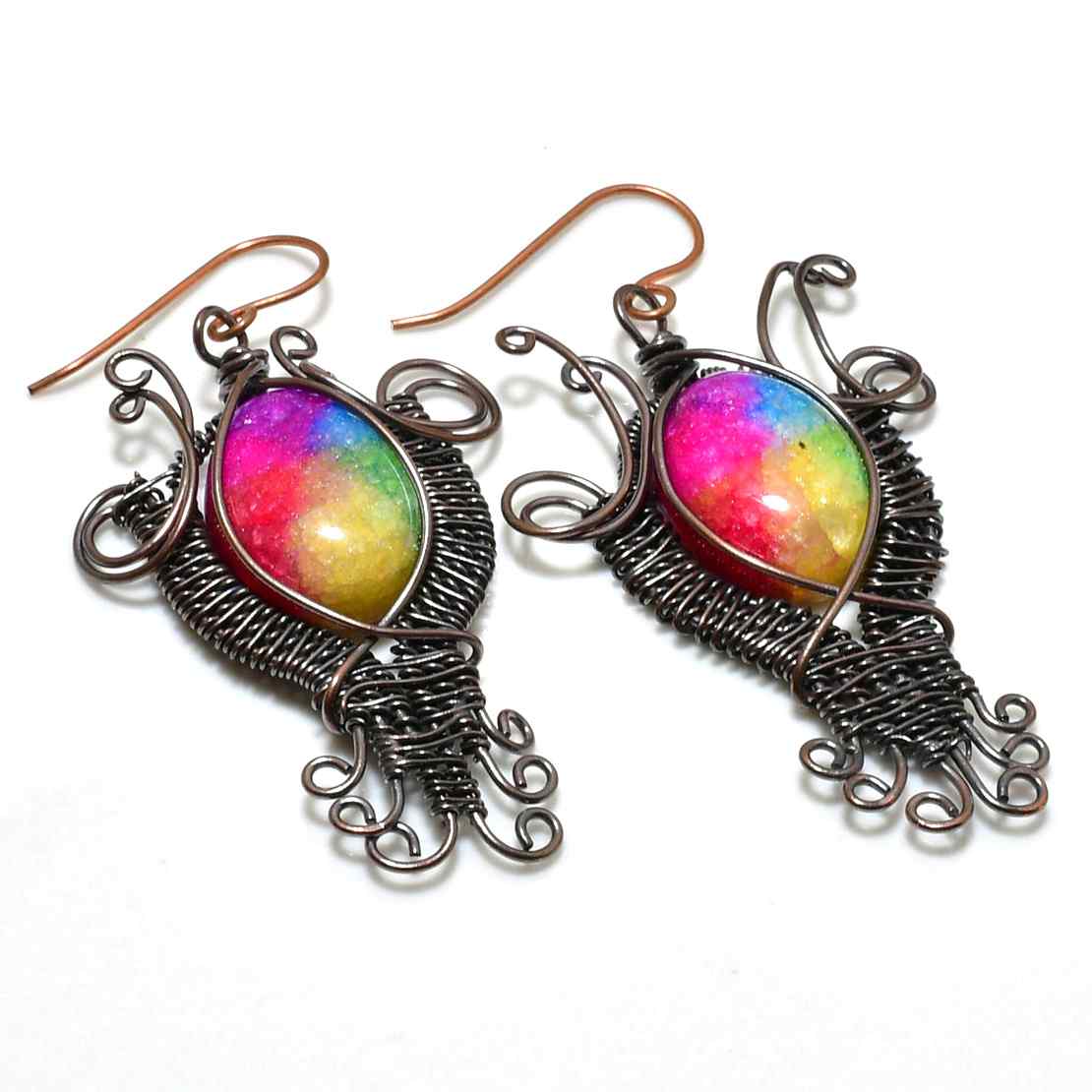 Aurora’s Spectrum – Wire-Wrapped Copper Earrings