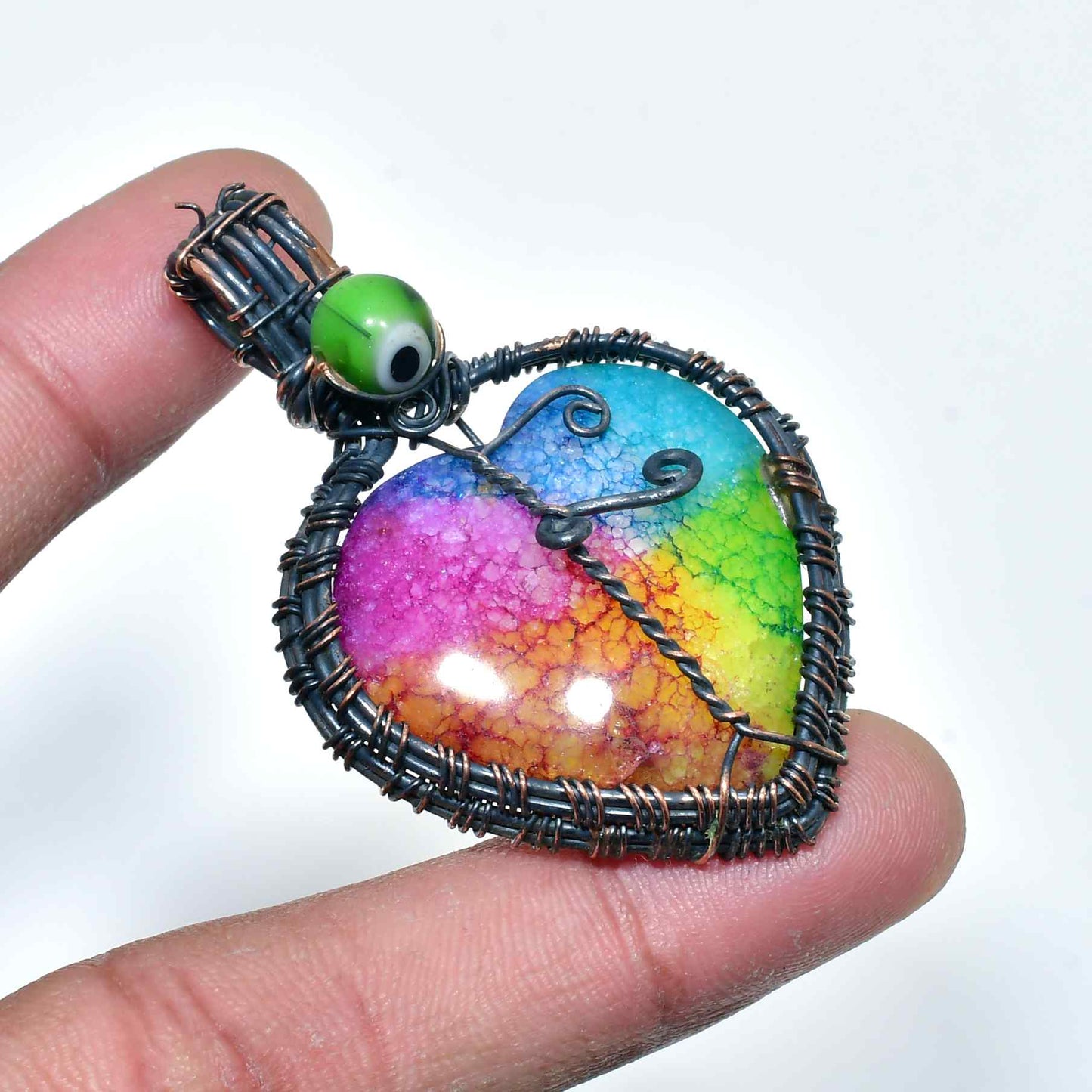 Radiant Heart – Rainbow Agate Wire-Wrap Pendant