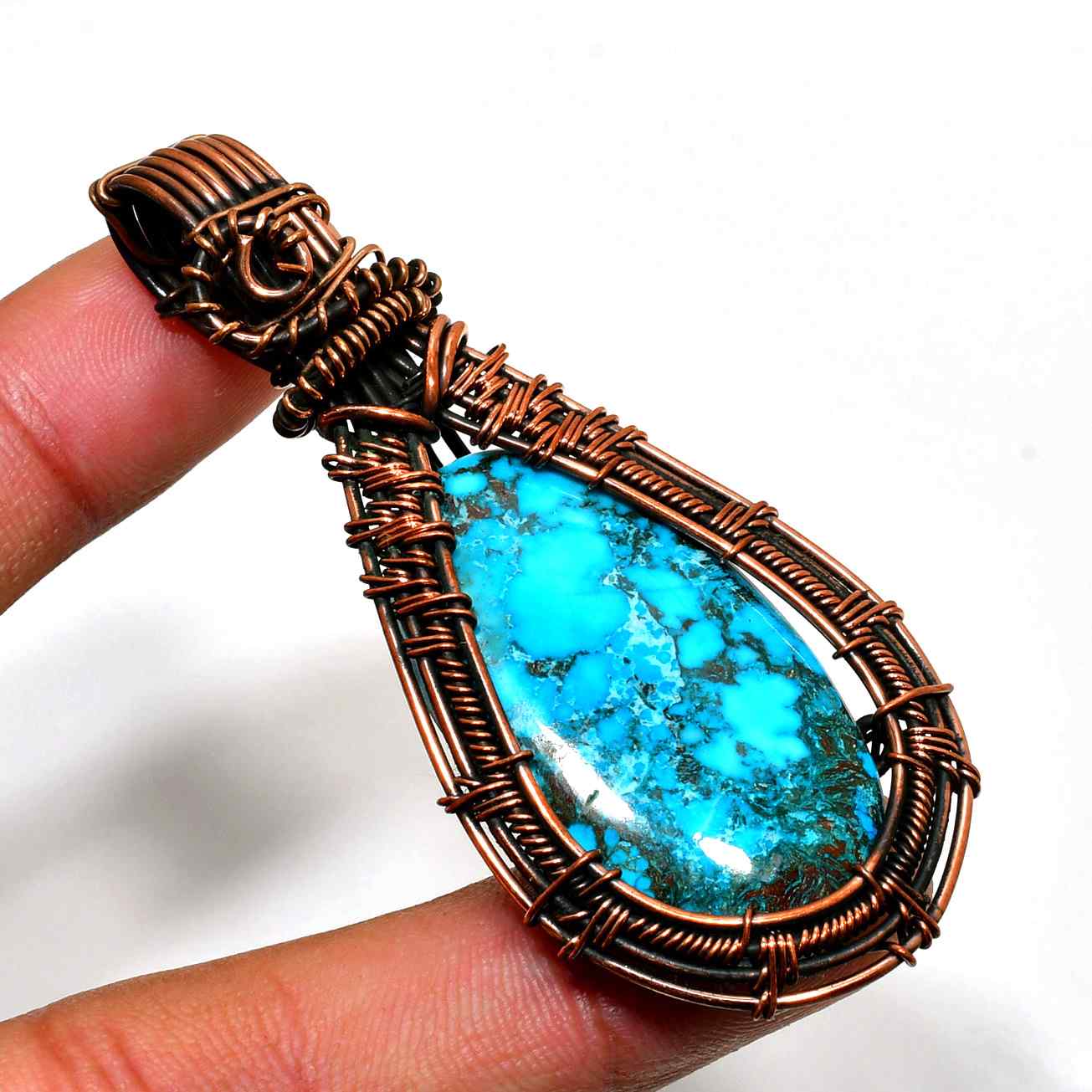 Turquoise Cascade – Handwoven Copper Pendant