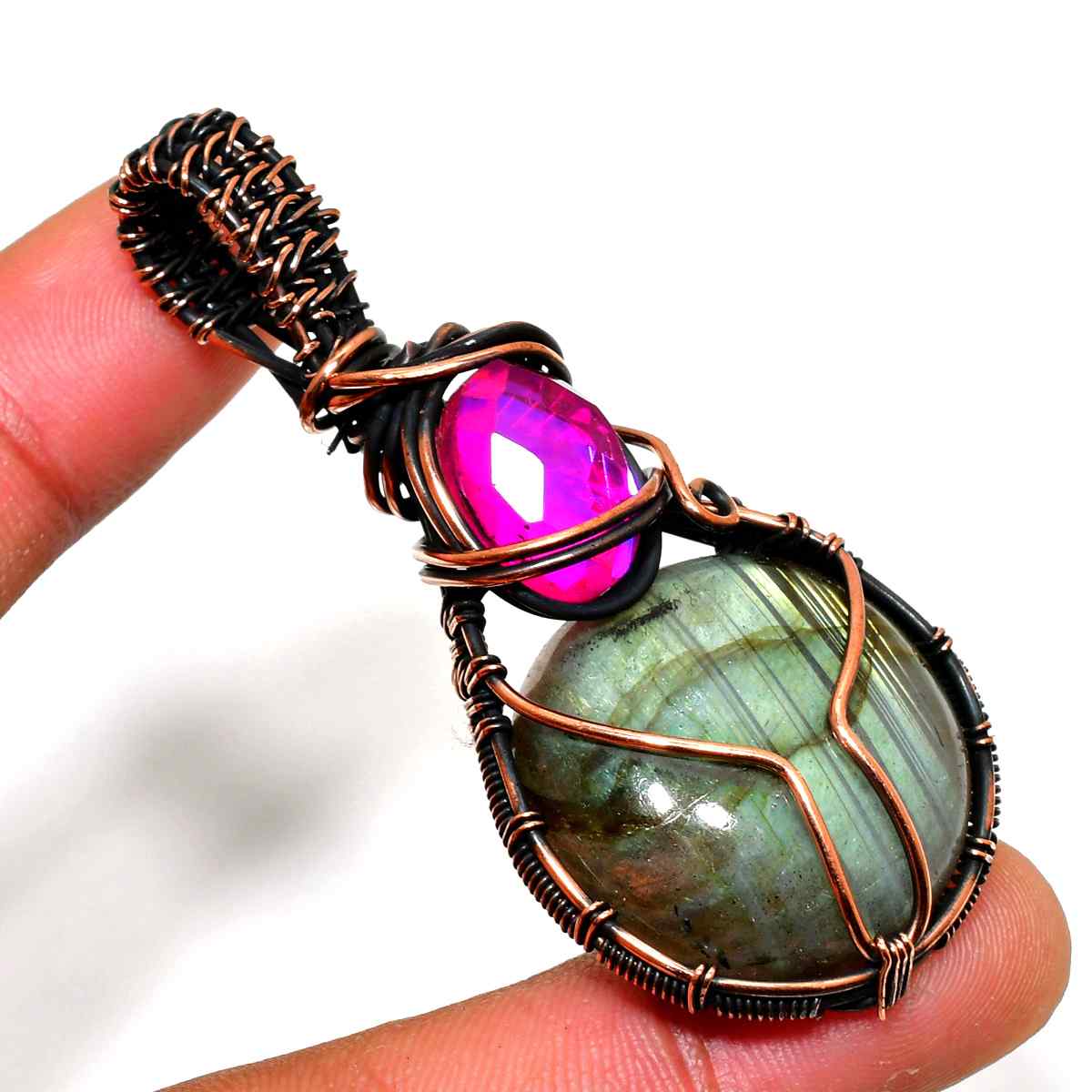Aurora’s Embrace – Labradorite & Pink Gem Copper Pendant