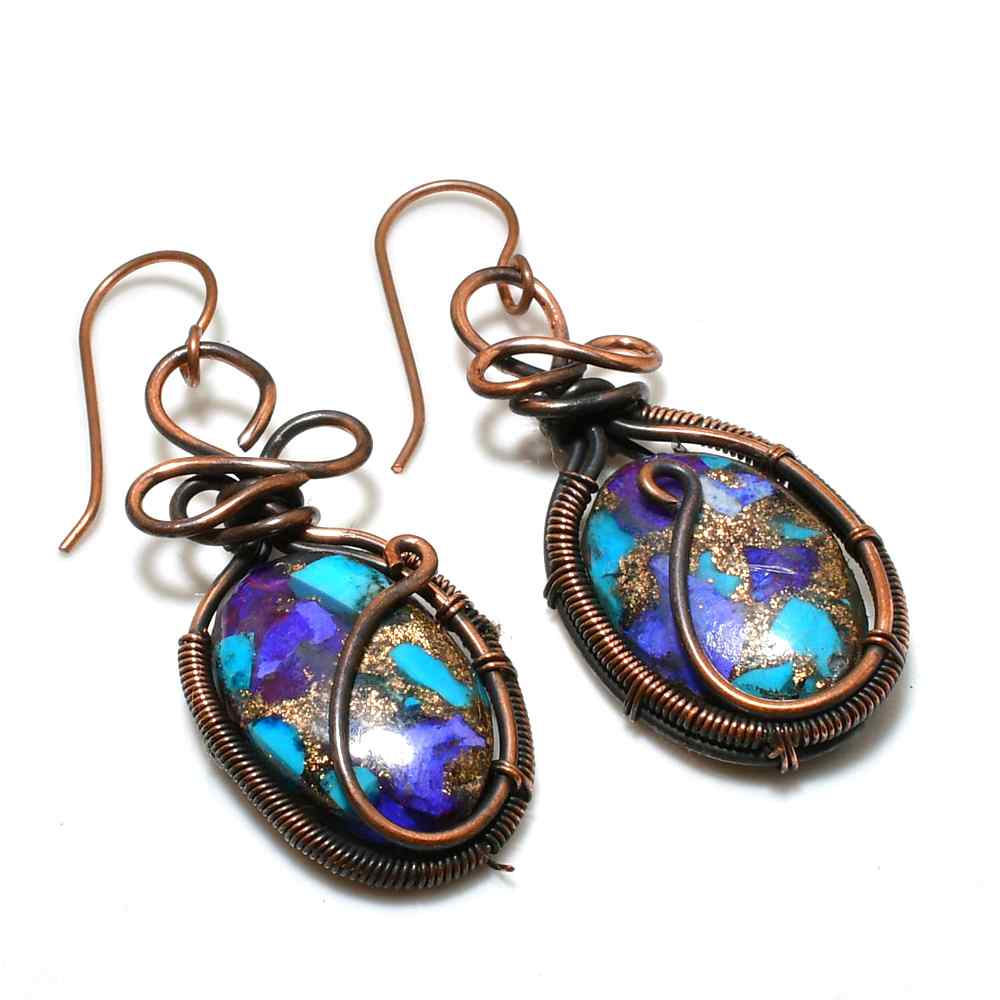 Aurora’s Spark – Copper-Wrapped Blue & Purple Stone Earrings