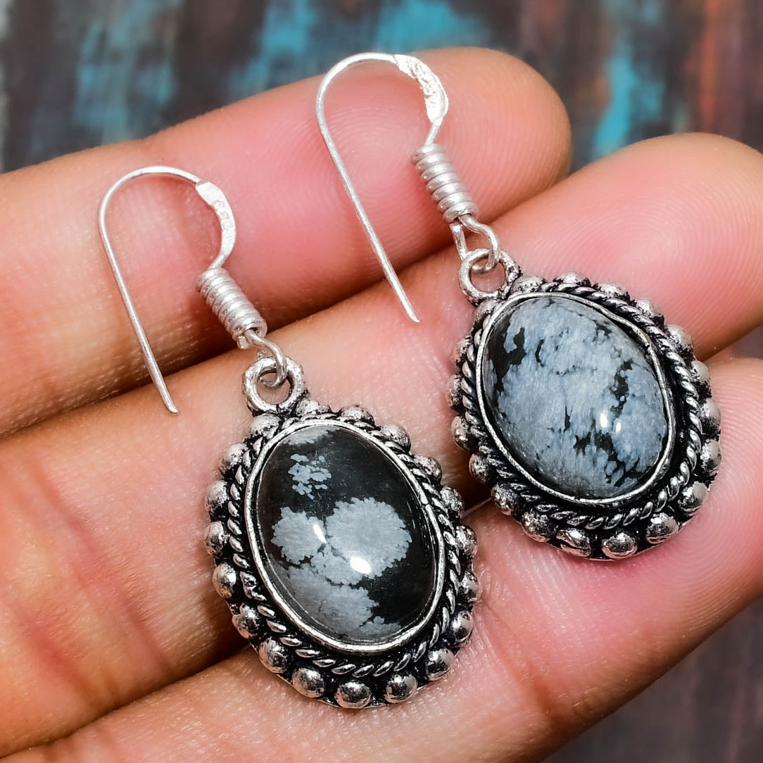 Luna’s Shield – Black Snowflake Obsidian Silver Earrings