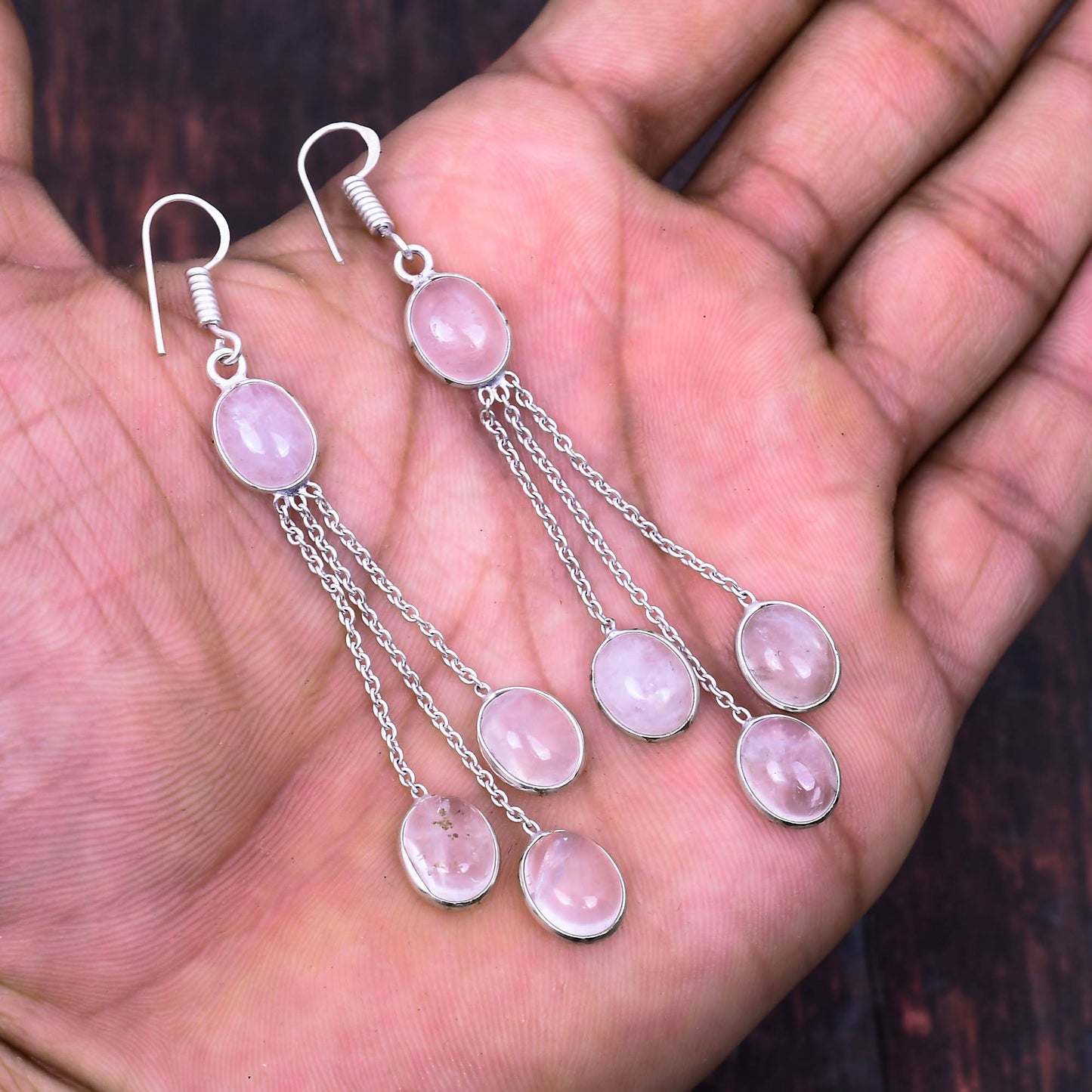 Luna’s Embrace – Rose Quartz Silver Chandelier Earrings