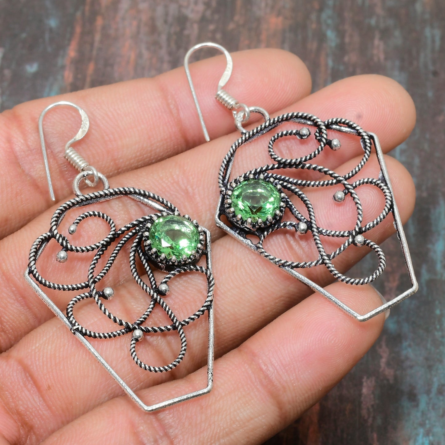 Verdant Harmony – Handwoven Silver & Green Gemstone Earrings
