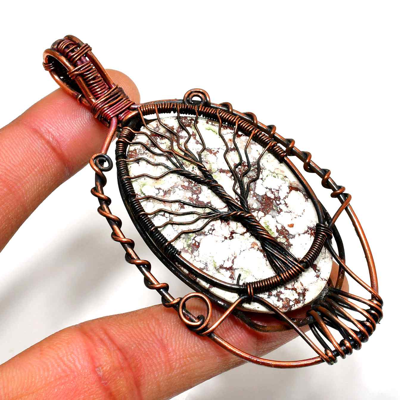 Gaia’s Embrace – White Marbled Tree of Life Copper Pendant