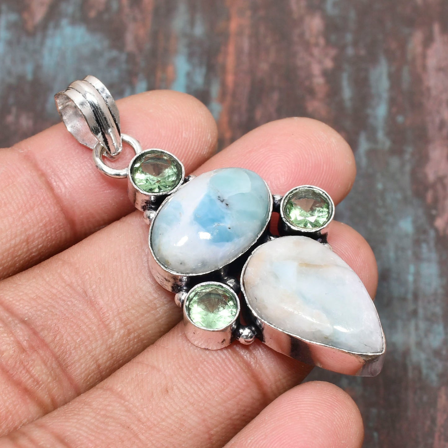 Tranquil Embrace – Larimar & Peridot Silver Pendant