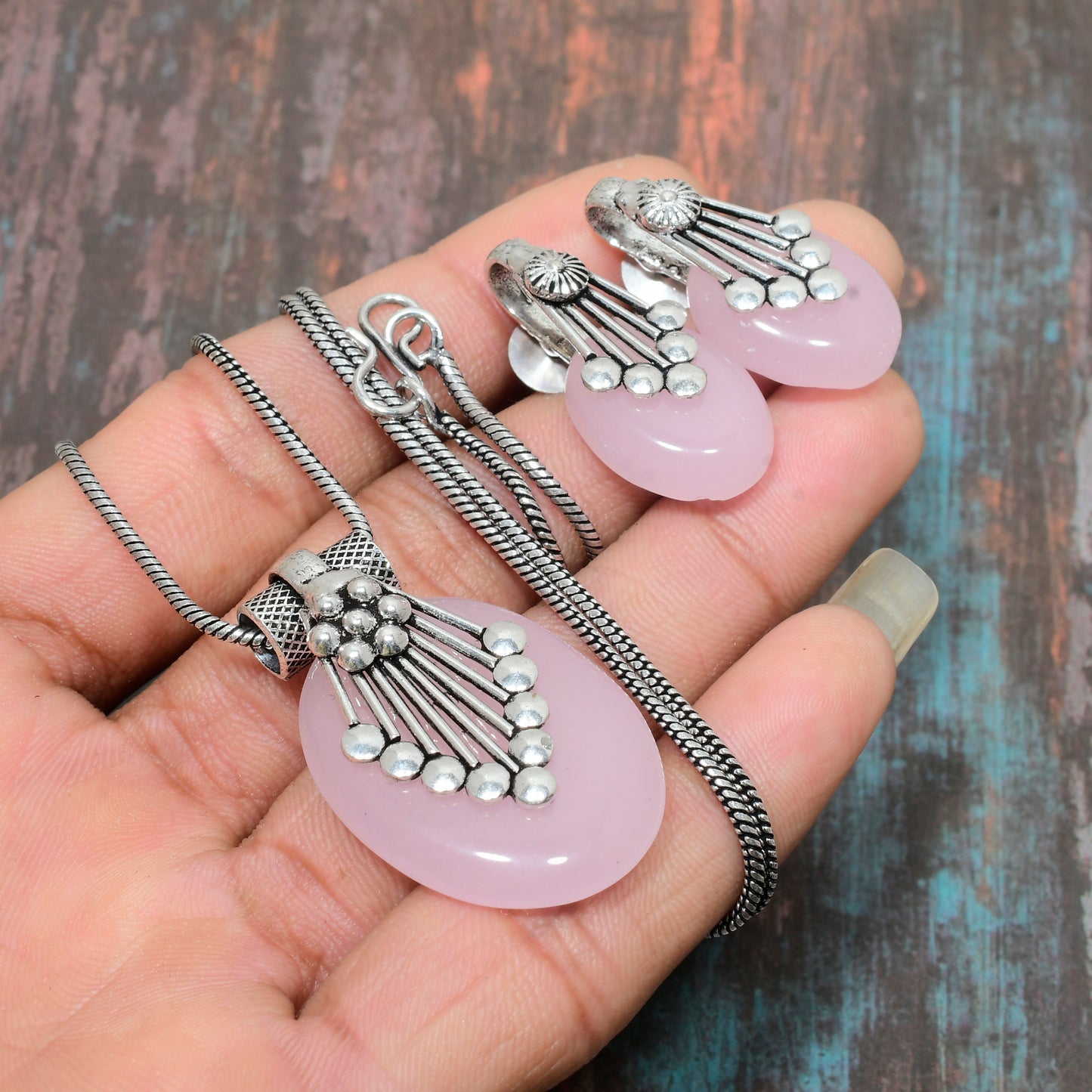 Serenity’s Heart – Handcrafted Rose Quartz & Silver Set