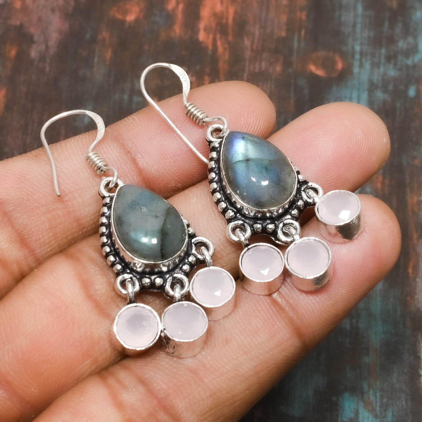 Aurora’s Embrace – Labradorite & Rose Quartz Earrings