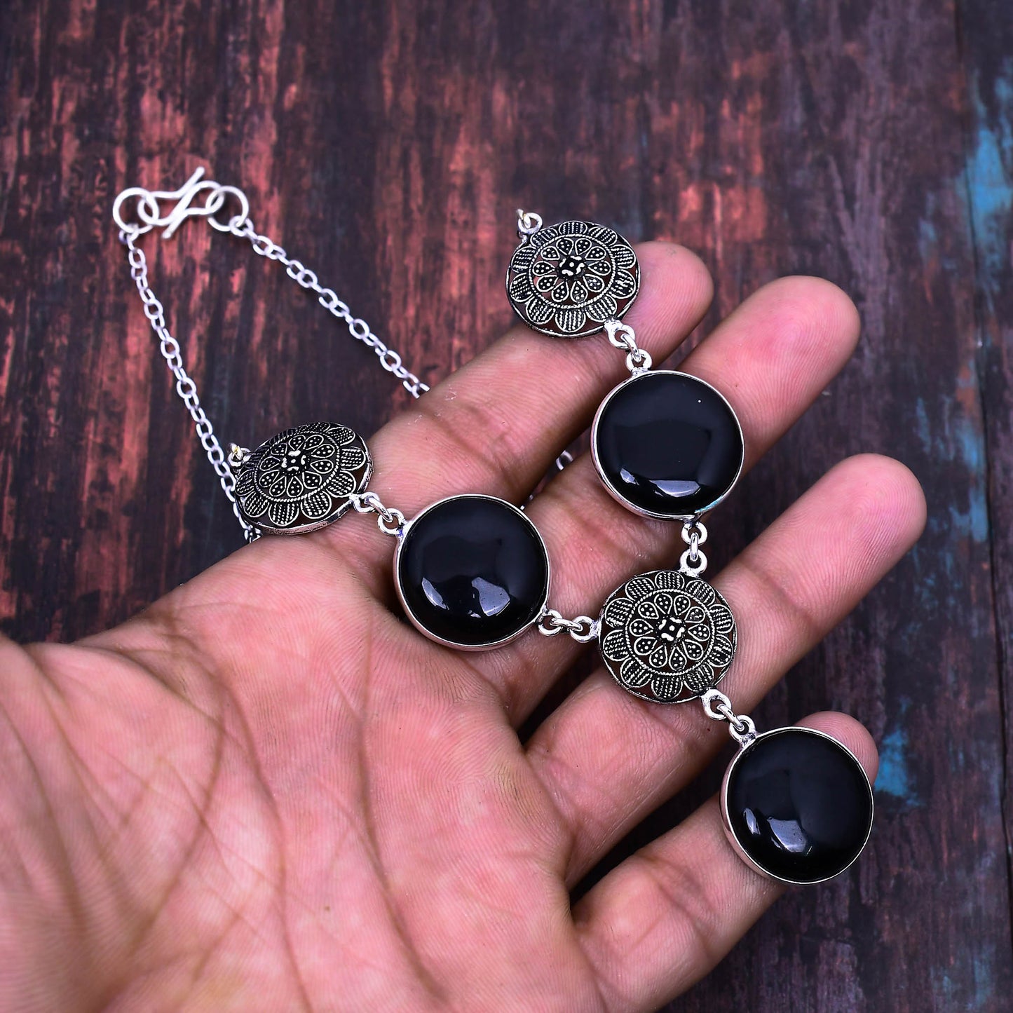 Night Bloom – Onyx & Silver Bracelet