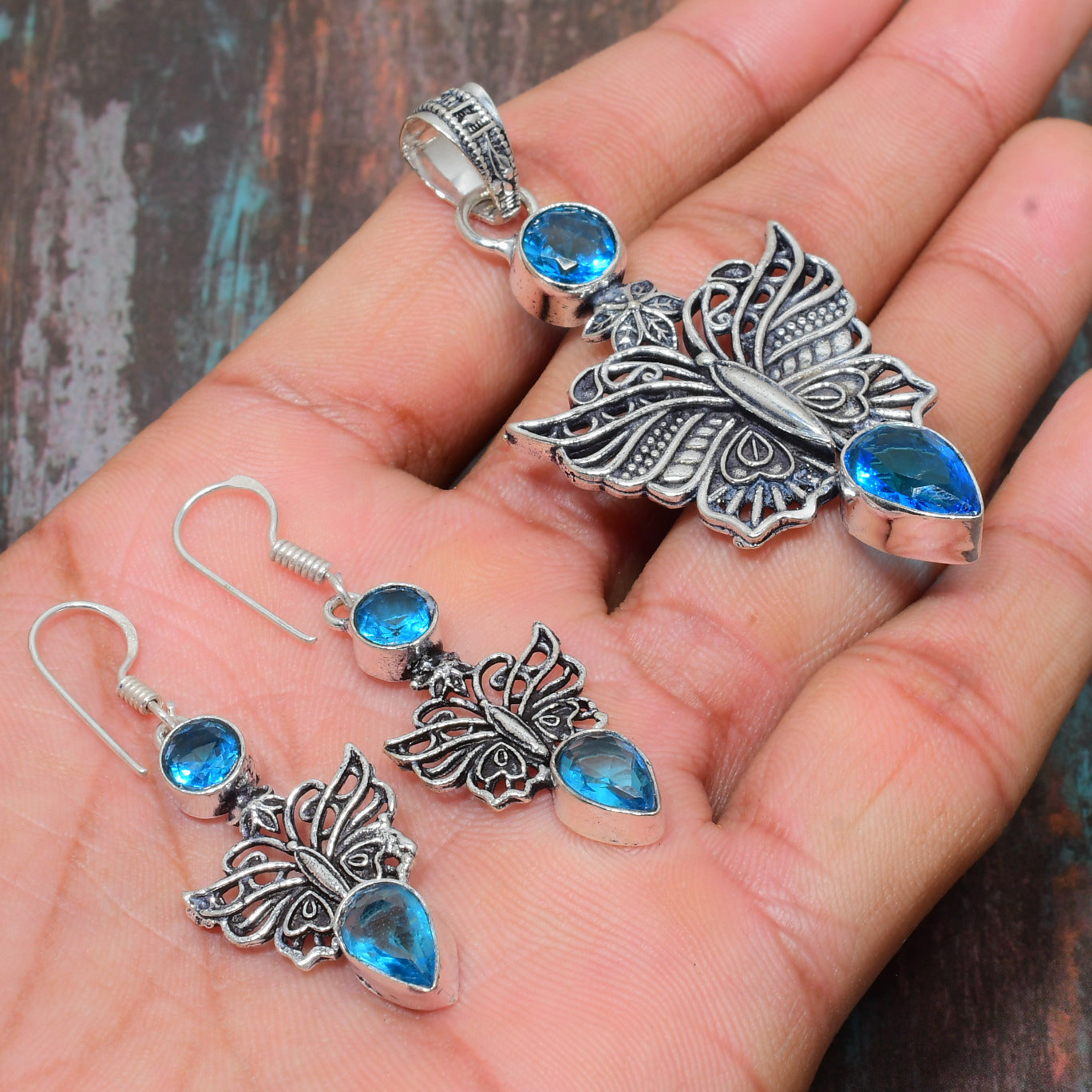 Azure Flutter – Silver Butterfly Pendant & Earrings