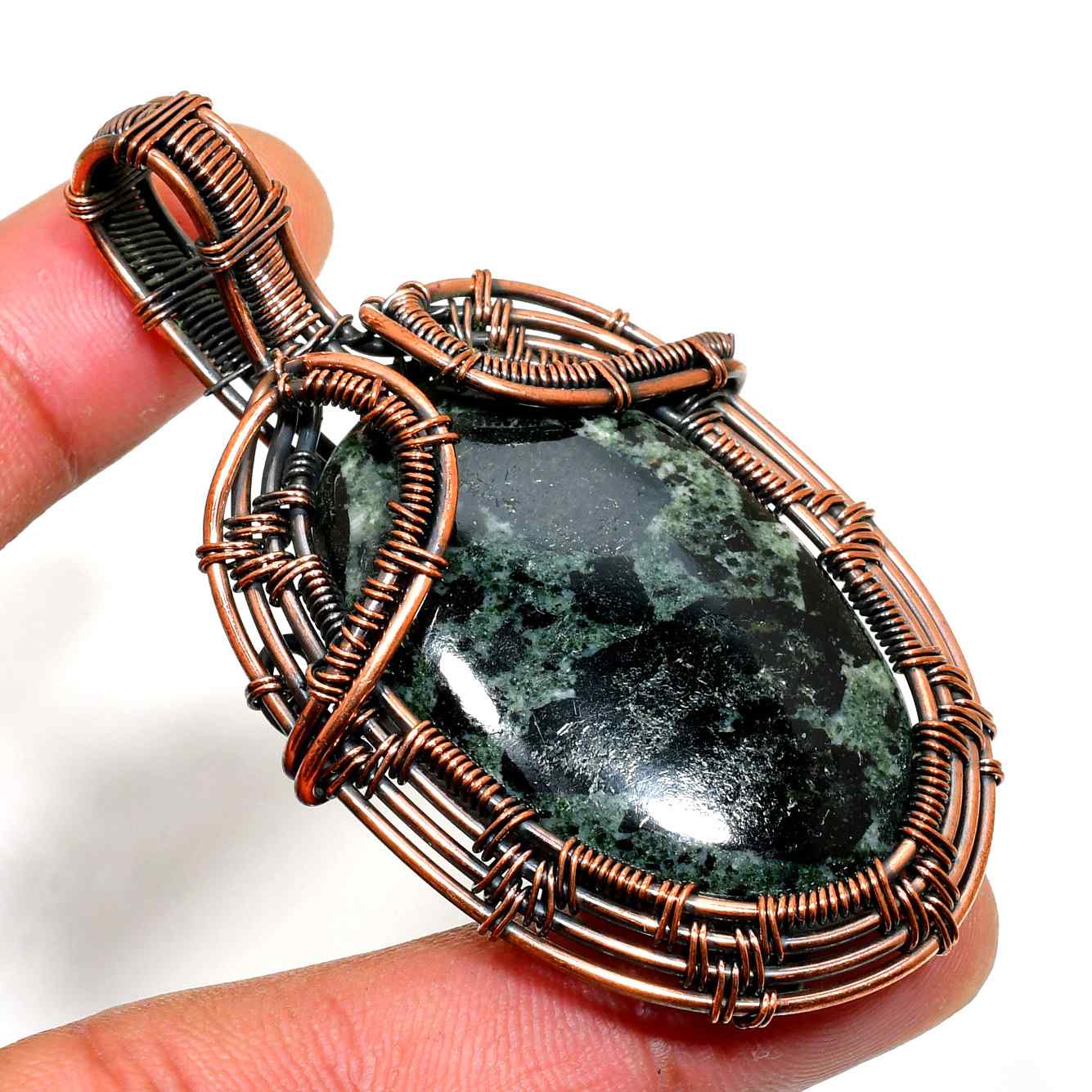 Verdant Veil – Green Stone Copper Pendant
