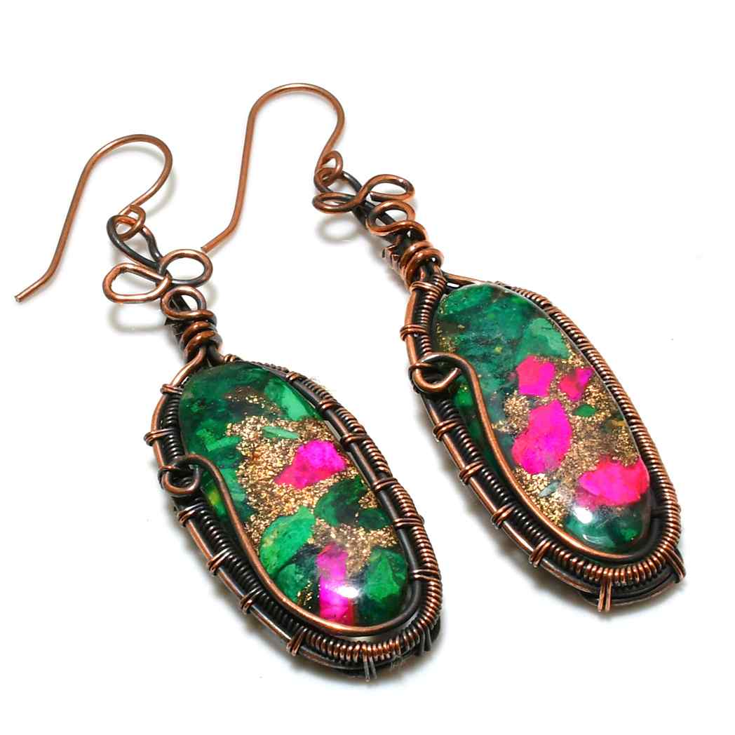 Verdant Blush – Copper-Wrapped Gemstone Earrings