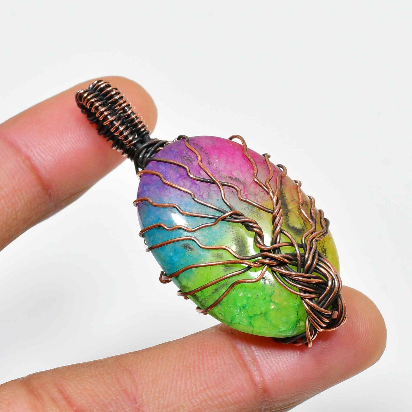 Aurora’s Radiance – Rainbow Aura Quartz Copper Pendant