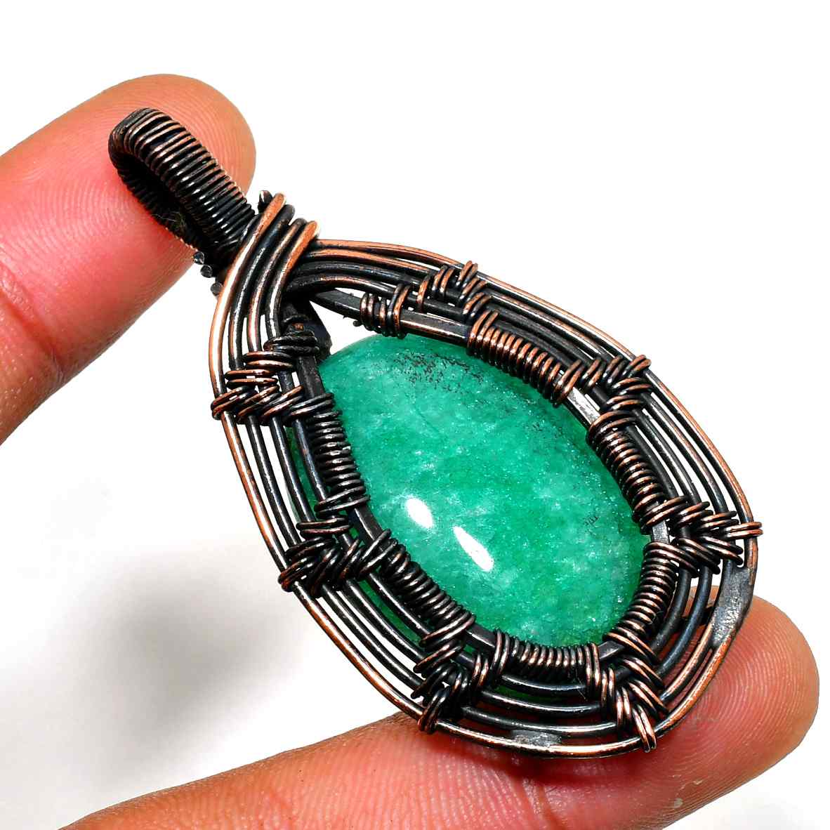 Emerald Embrace – Oxidized Copper Pendant