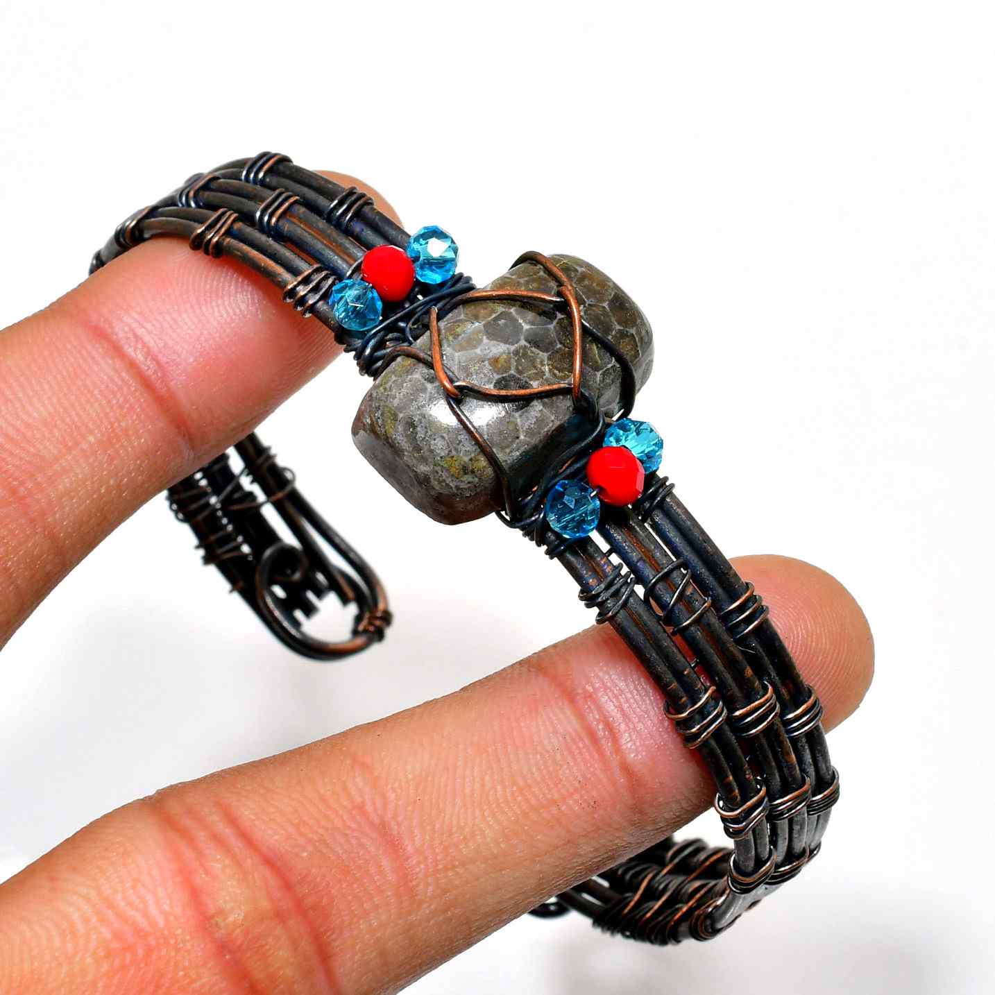 Gaia’s Embrace – Handwoven Copper & Gemstone Bracelet