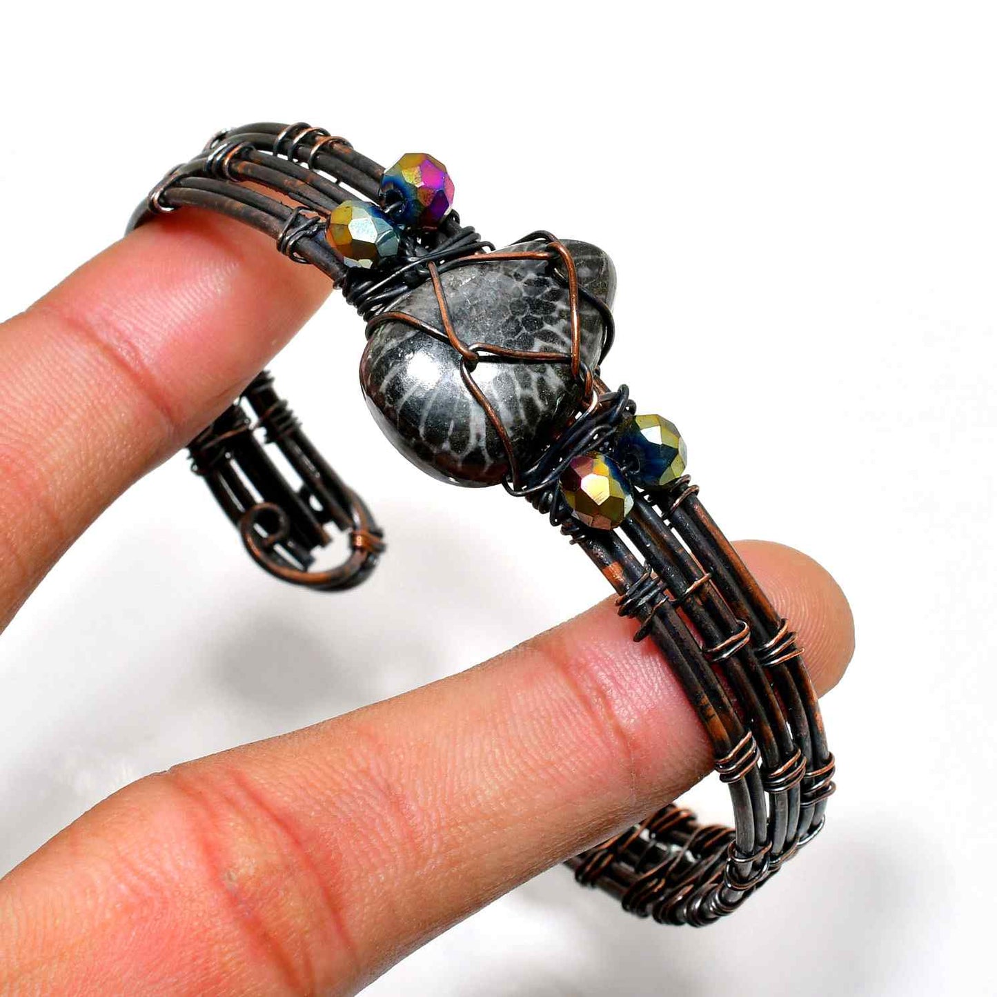 Obsidian’s Embrace – Copper Wire Bracelet
