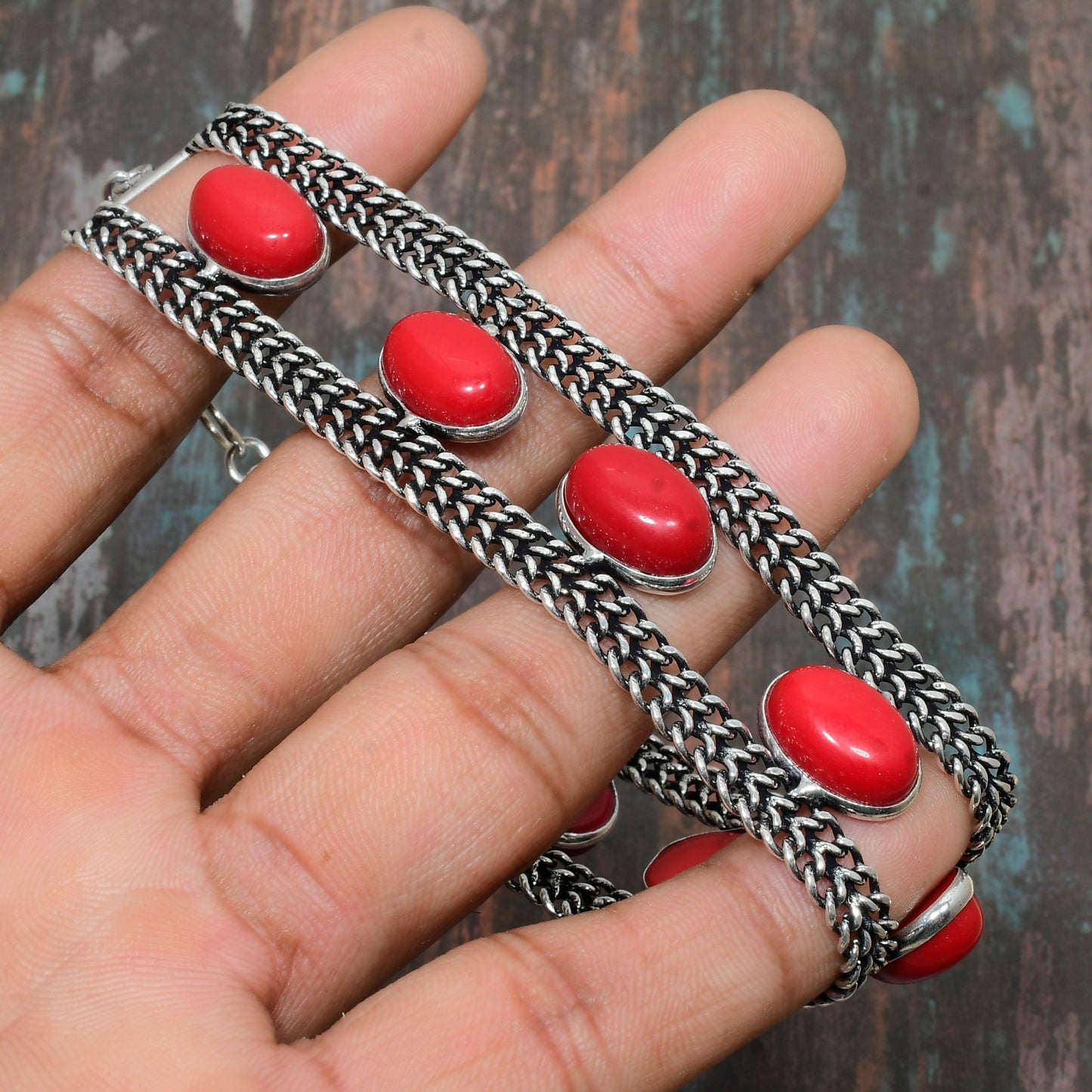 Crimson Dreams – Coral & Silver Woven Bracelet