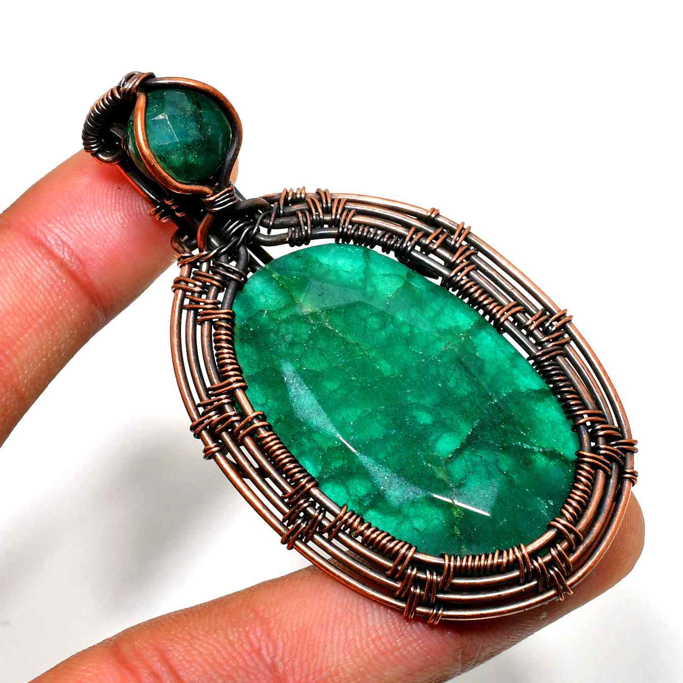 Emerald Essence – Hand-Wrapped Copper Pendant