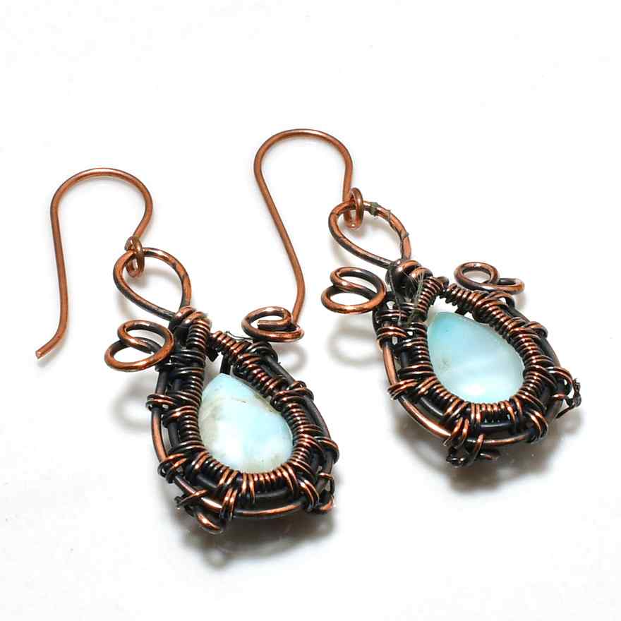 Tidal Serenity – Copper-Wrapped Larimar Earrings