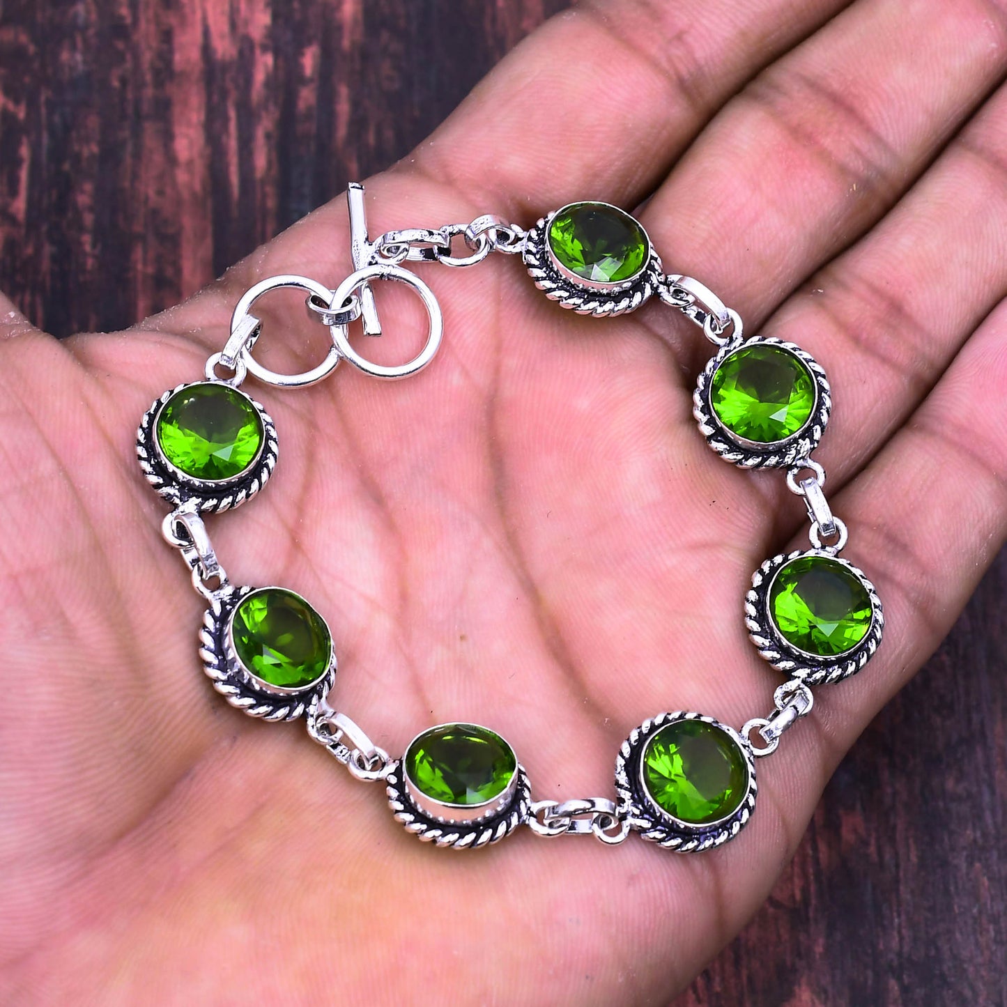 Verdant Harmony – Sterling Silver Green Gemstone Bracelet