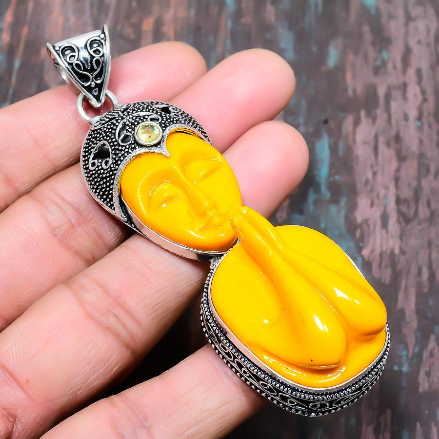 Sunlit Serenity – Yellow Resin & Silver Buddha Pendant