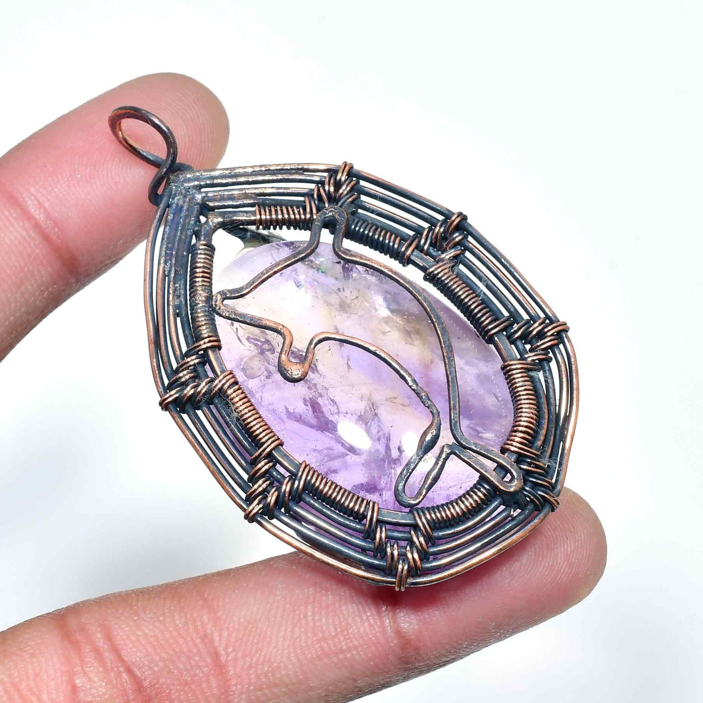 Ocean’s Embrace – Dolphin Amethyst Copper Pendant