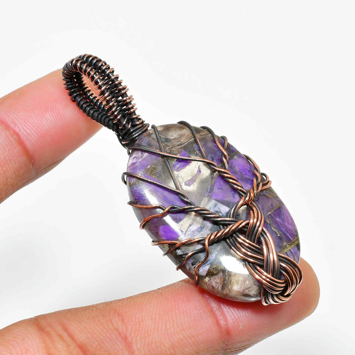 Ezra’s Veil – Amethyst & Oxidized Copper Pendant