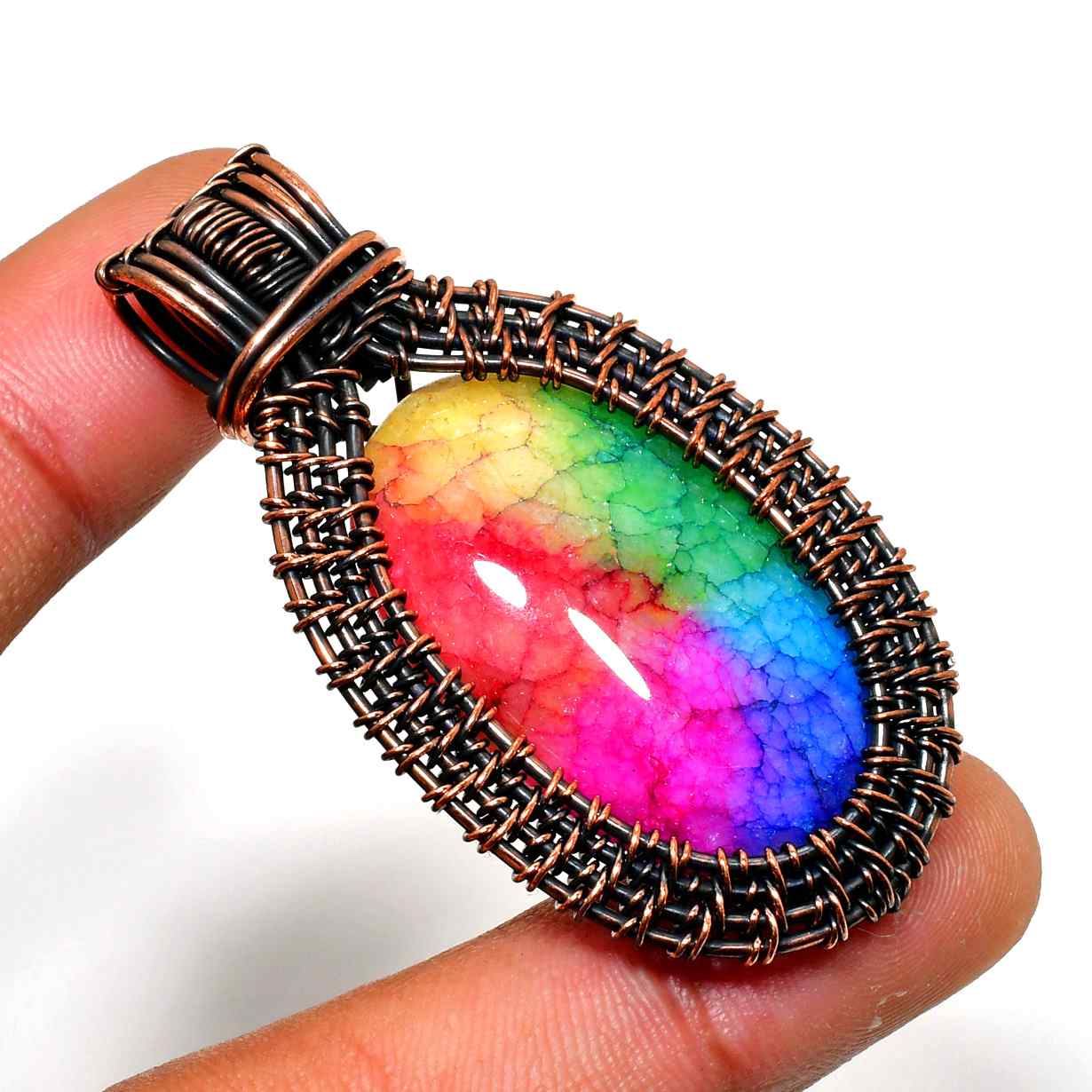 Aurora’s Prism – Rainbow Aura Quartz Copper Pendant