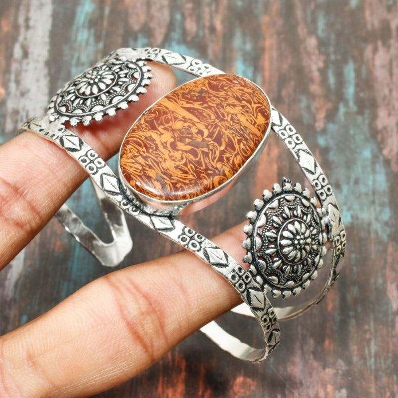 Gaia’s Harmony – Oval Marbled Stone Silver Bracelet