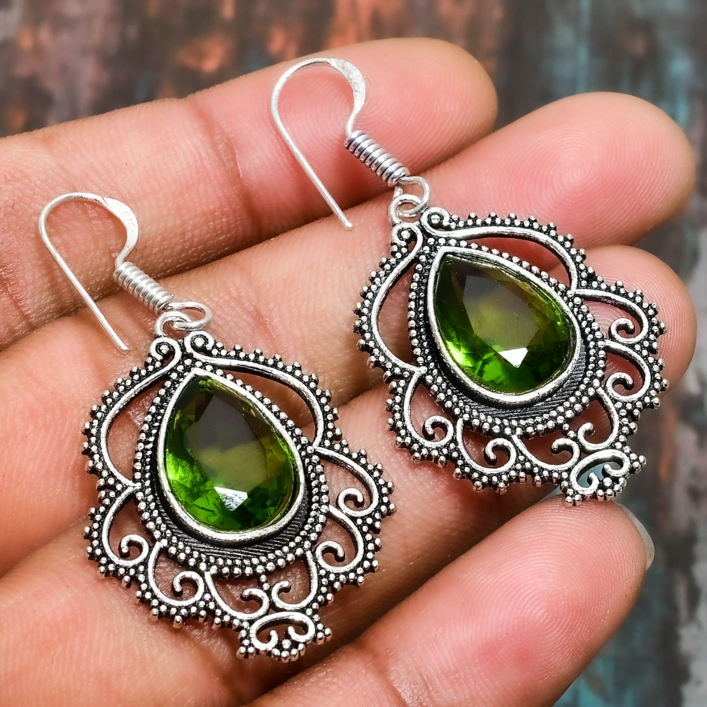 Gaia’s Echo – Peridot Silver Filigree Earrings