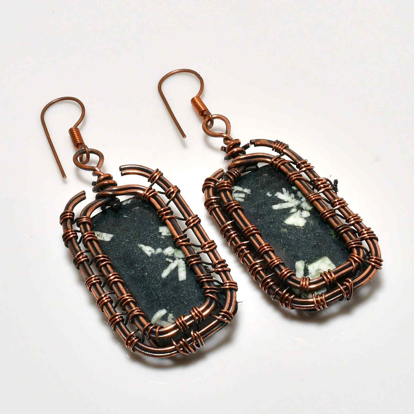 Frosted Harmony – Snowflake Obsidian Copper Earrings