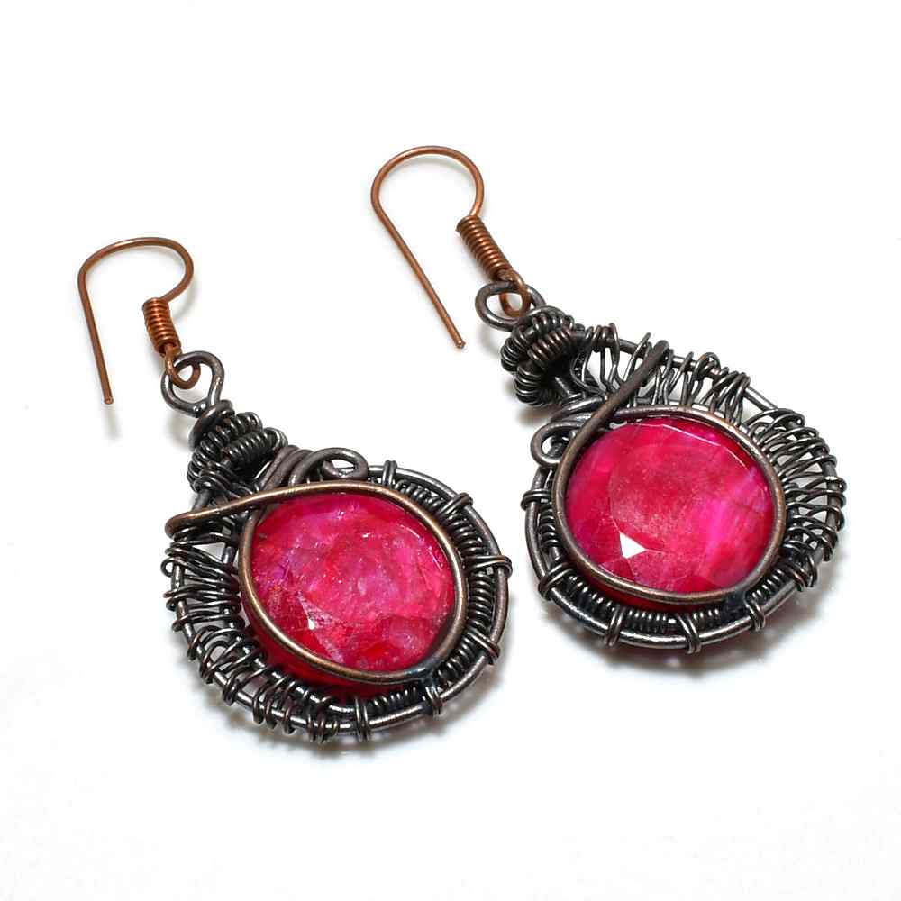 Ruby Radiance – Handwrapped Copper Earrings