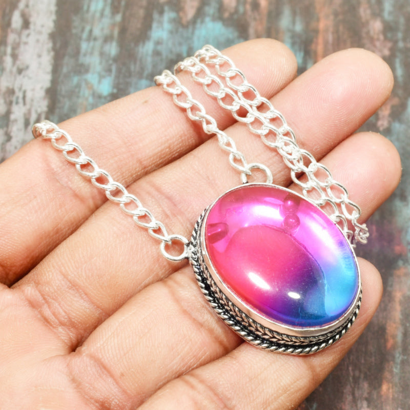 Aurora’s Embrace – Sterling Silver Lab Opal Pendant