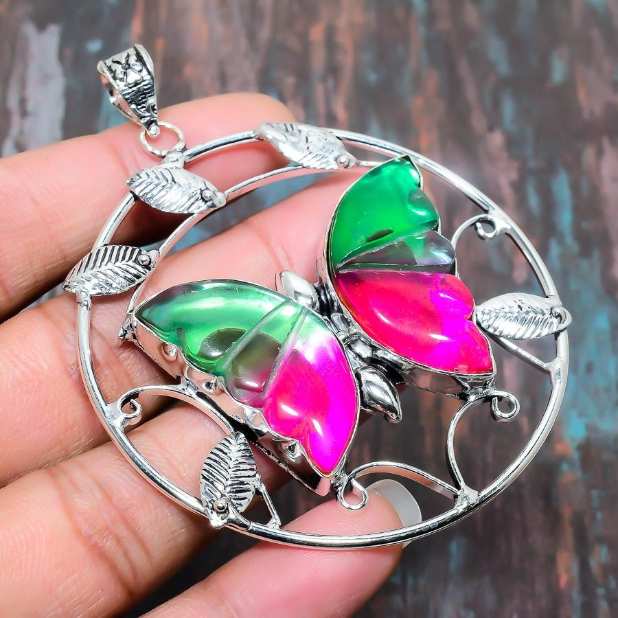 Fluttering Elegance – Green & Pink Stone Butterfly Pendant