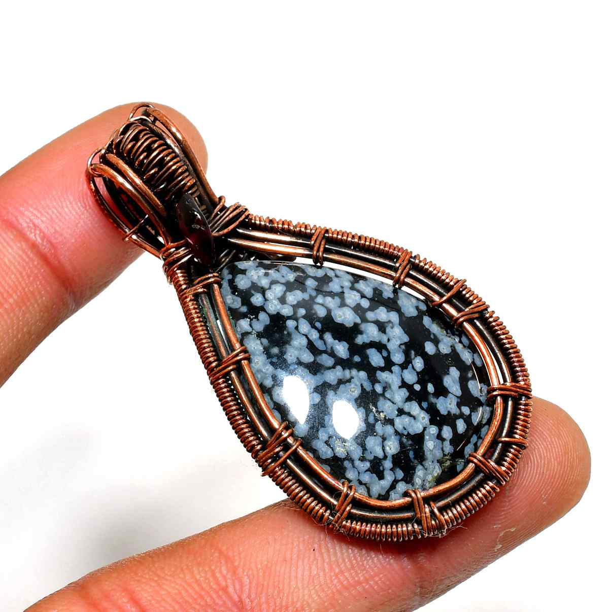 Starlit Cascade – Snowflake Obsidian Copper Pendant