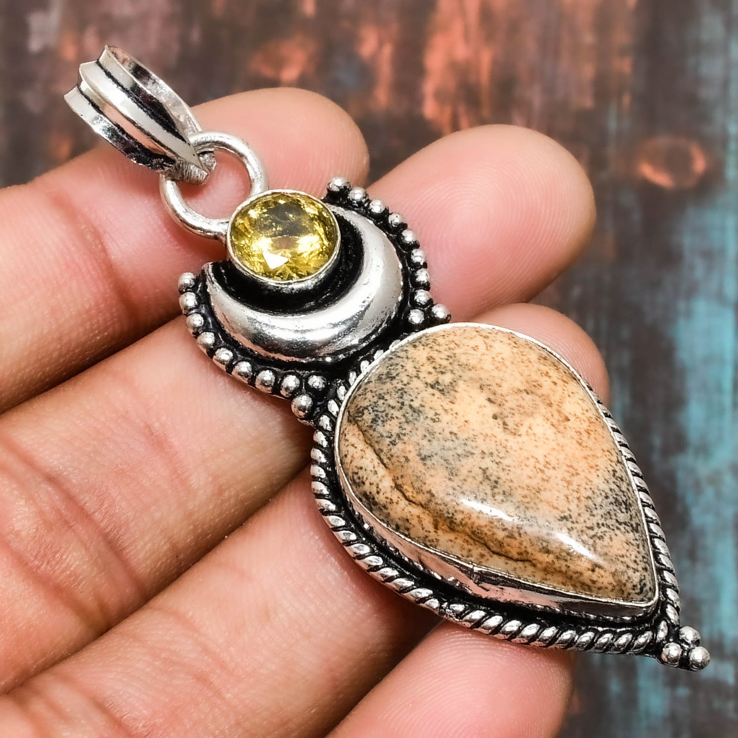 Celestial Harmony – Natural Stone & Citrine Silver Pendant