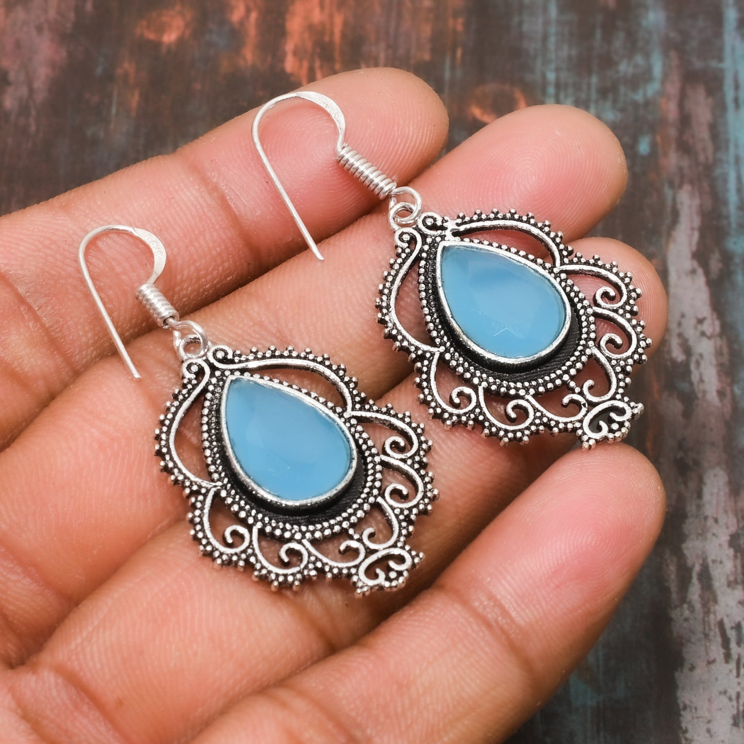 Tranquil Filigree – Blue Chalcedony Silver Earrings
