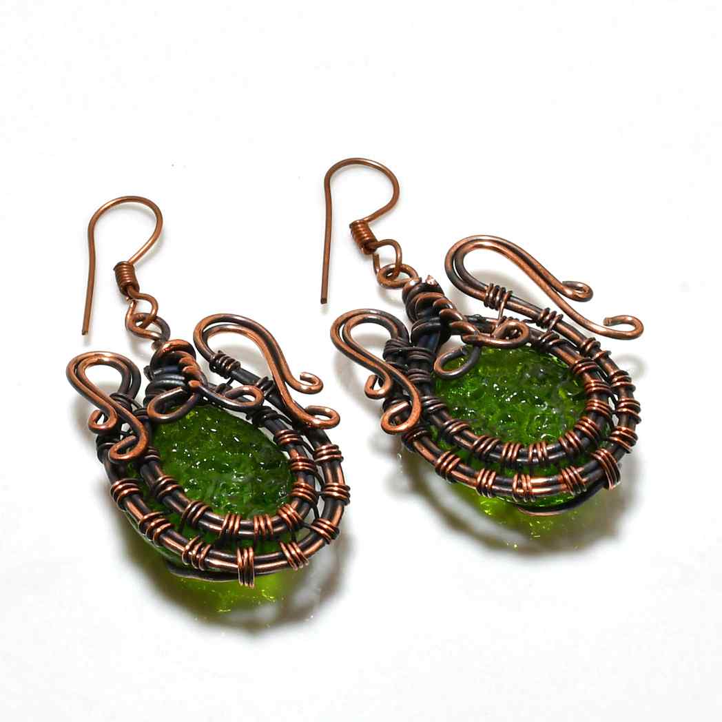 Verdant Harmony – Green Glass Copper Earrings