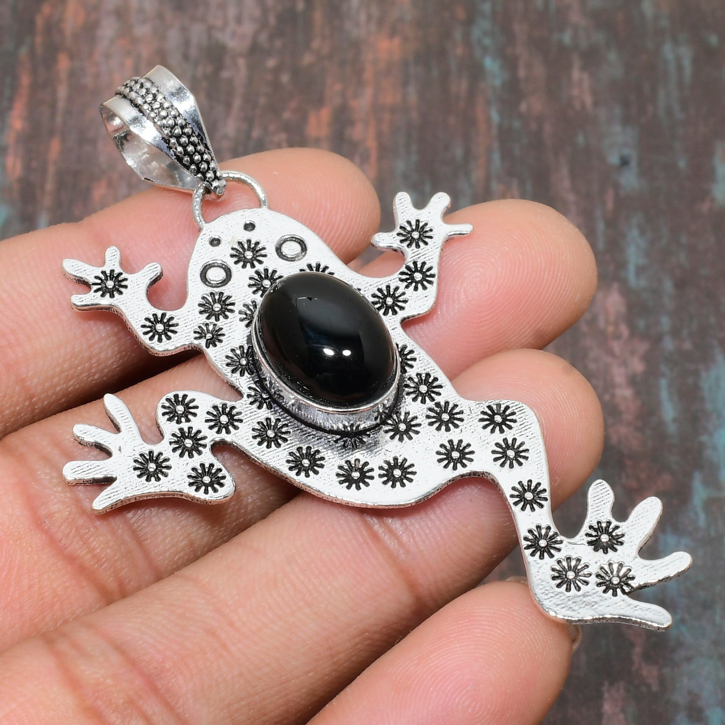 Aurora’s Leap – Black Onyx Silver Frog Pendant