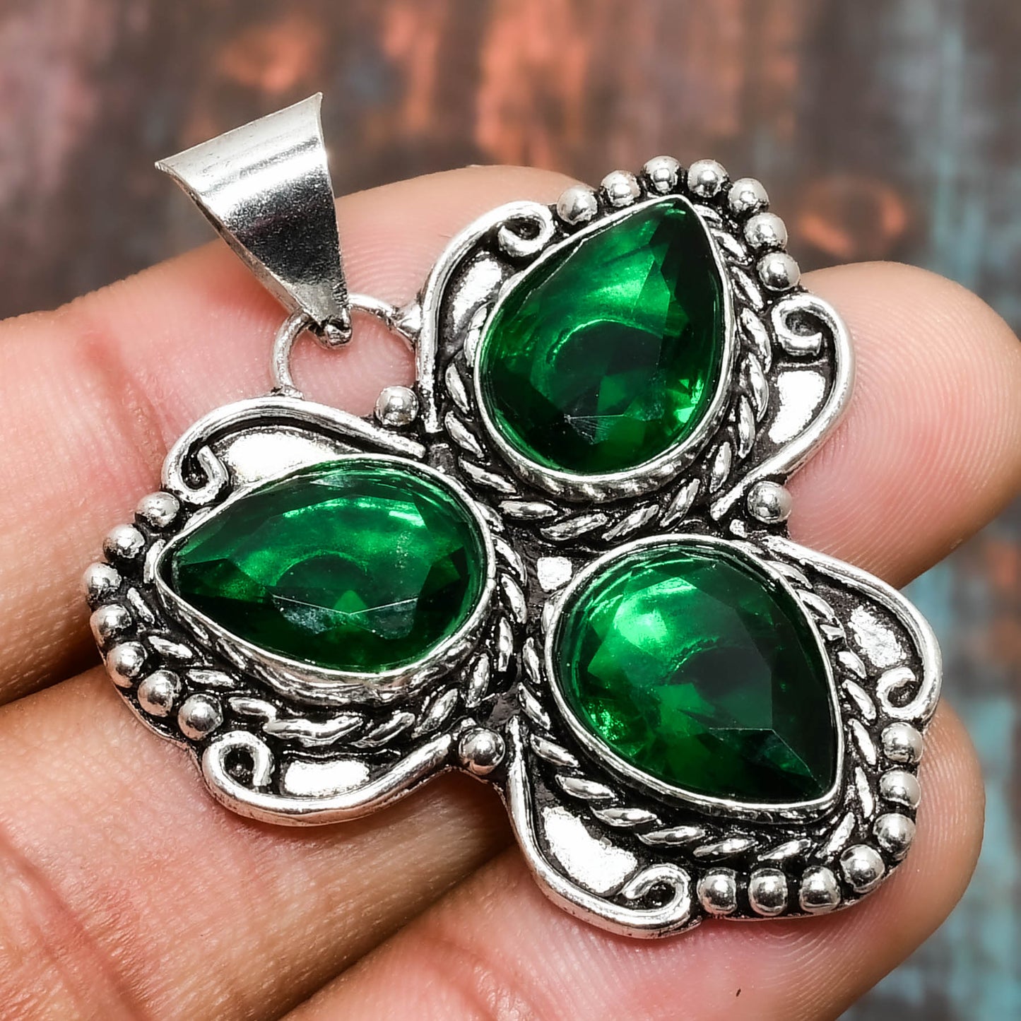 Enchanted Emerald Trio – Sterling Silver Pendant