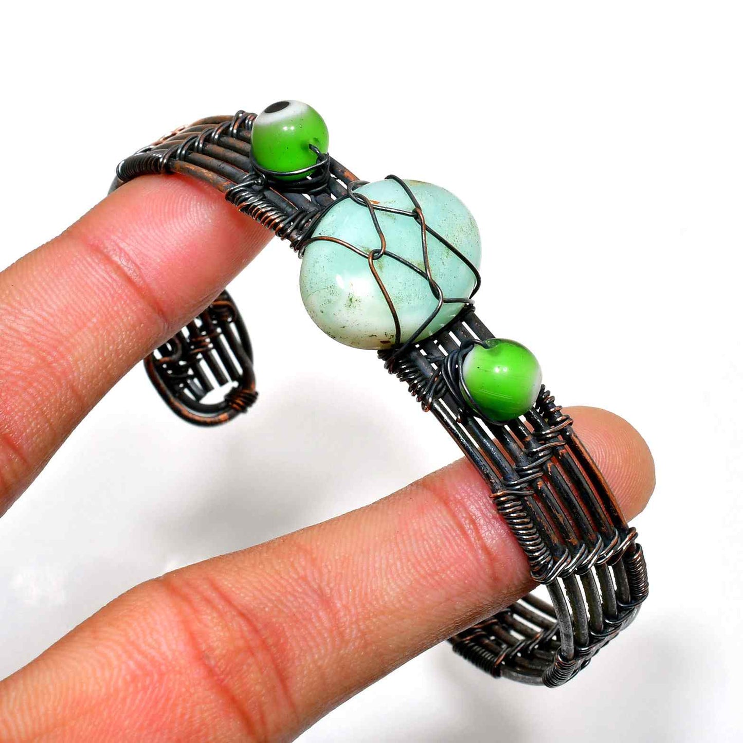Verdant Harmony – Wire-Wrapped Green Gemstone Copper Bracelet