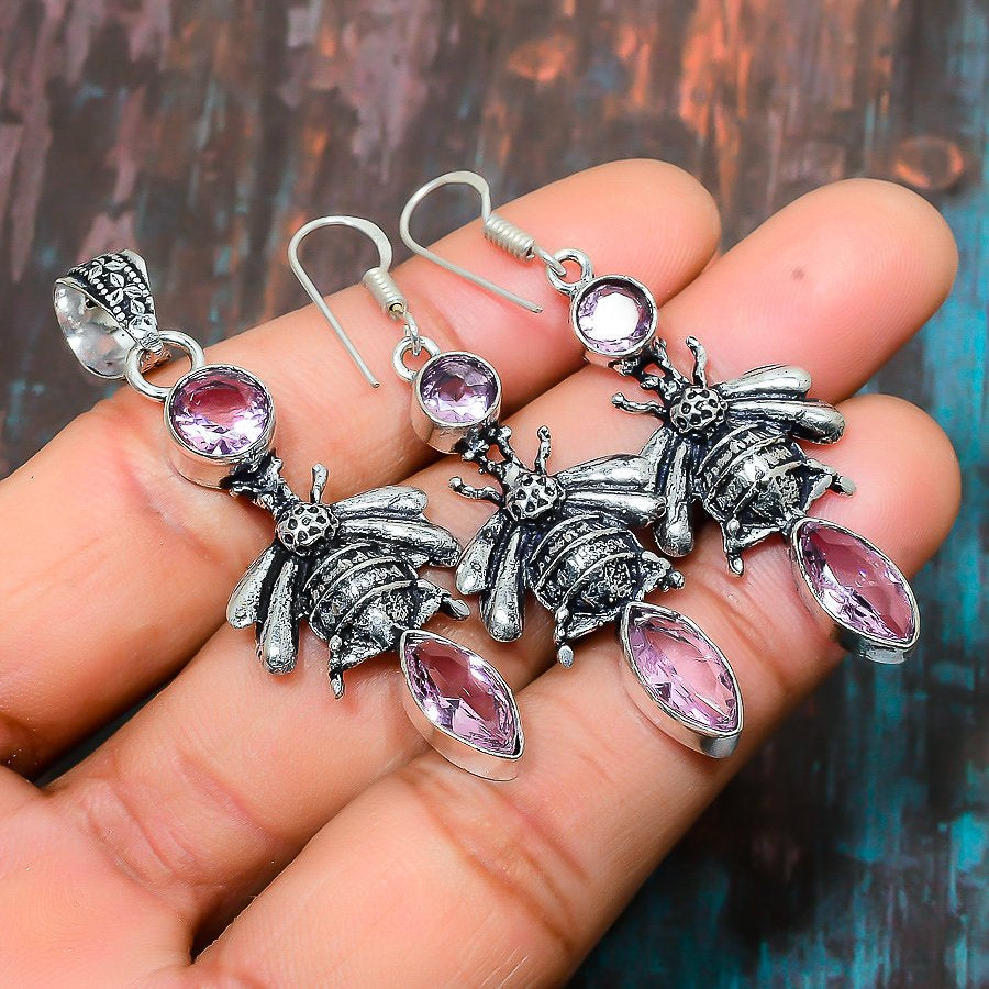 Bee Haven – Pink Amethyst Silver Bee Earrings